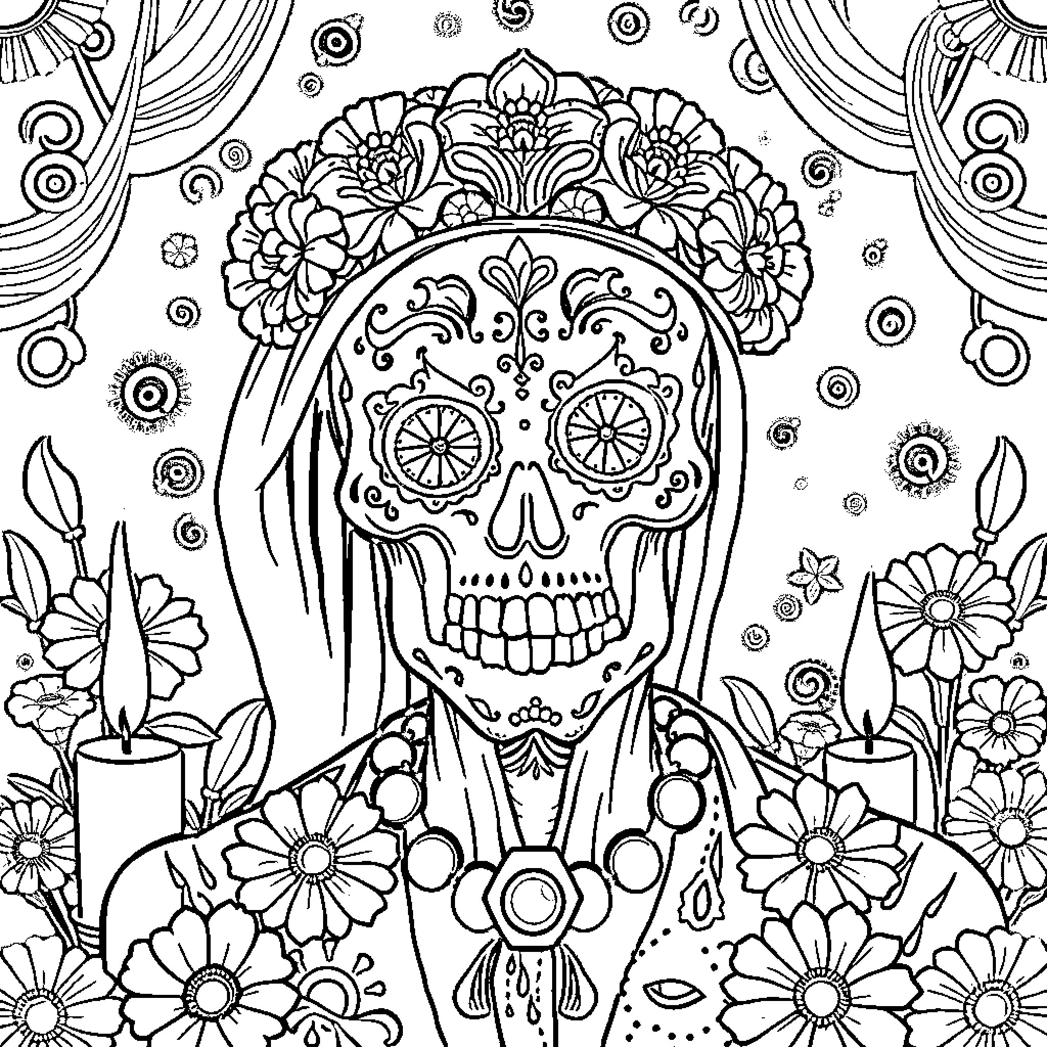 Zombie Girl in Floral Headpiece Surrounded by Flowers Coloring Page (free black-and-white line drawing printable PDF for all, from beginners to advanced learners, including children, teens, adults, and seniors)