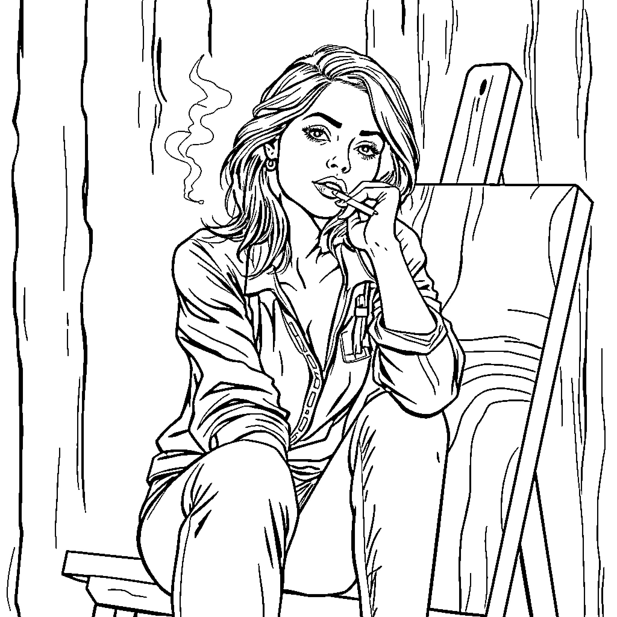 Woman contemplating in her studio Coloring Page (free black-and-white line drawing printable PDF for all, from beginners to advanced learners, including children, teens, adults, and seniors)