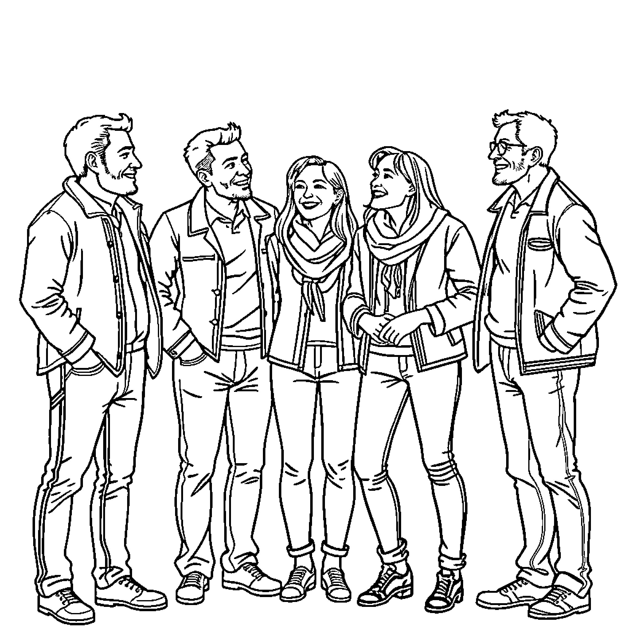 Person in casual outfits standing together and smiling Coloring Page (free black-and-white line drawing printable PDF for all, from beginners to advanced learners, including children, teens, adults, and seniors)
