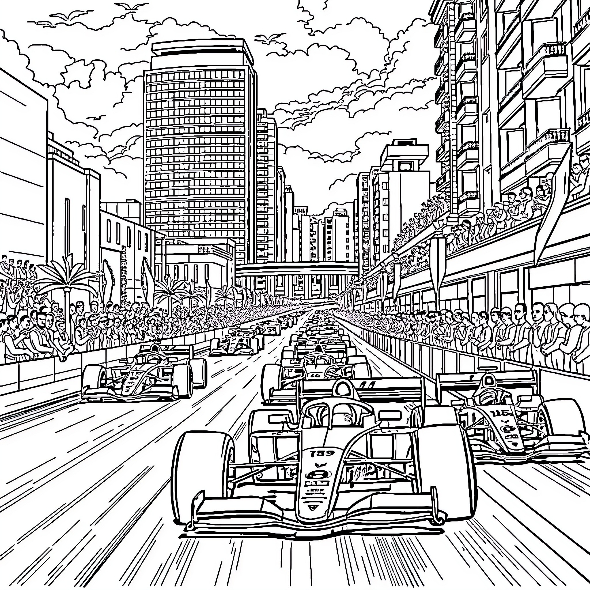 F1 Race in the City Skyline Coloring Page (free black-and-white line drawing printable PDF for all, from beginners to advanced learners, including children, teens, adults, and seniors)