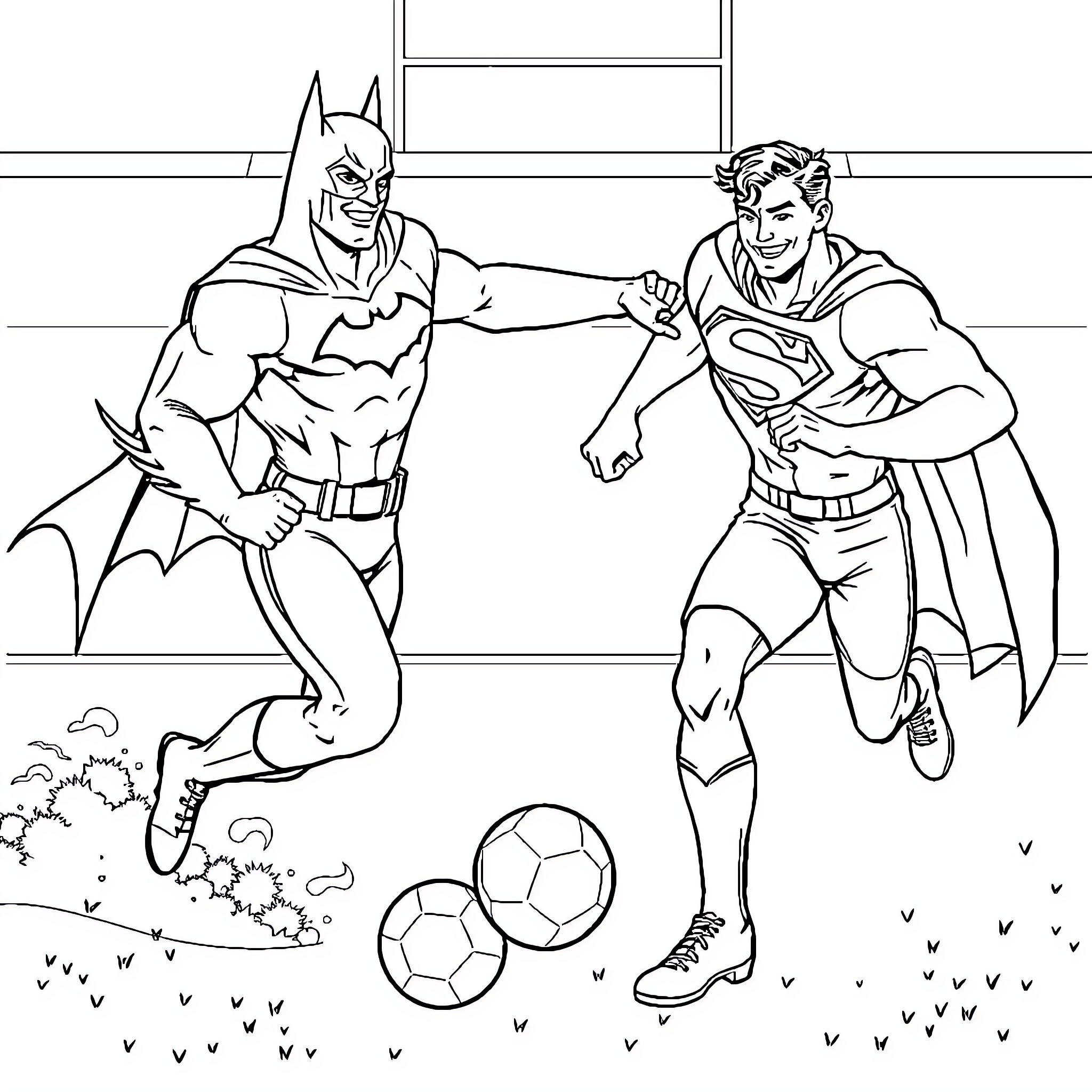 Batman and Superman playing soccer together Coloring Page (free black-and-white line drawing printable PDF for all, from beginners to advanced learners, including children, teens, adults, and seniors)