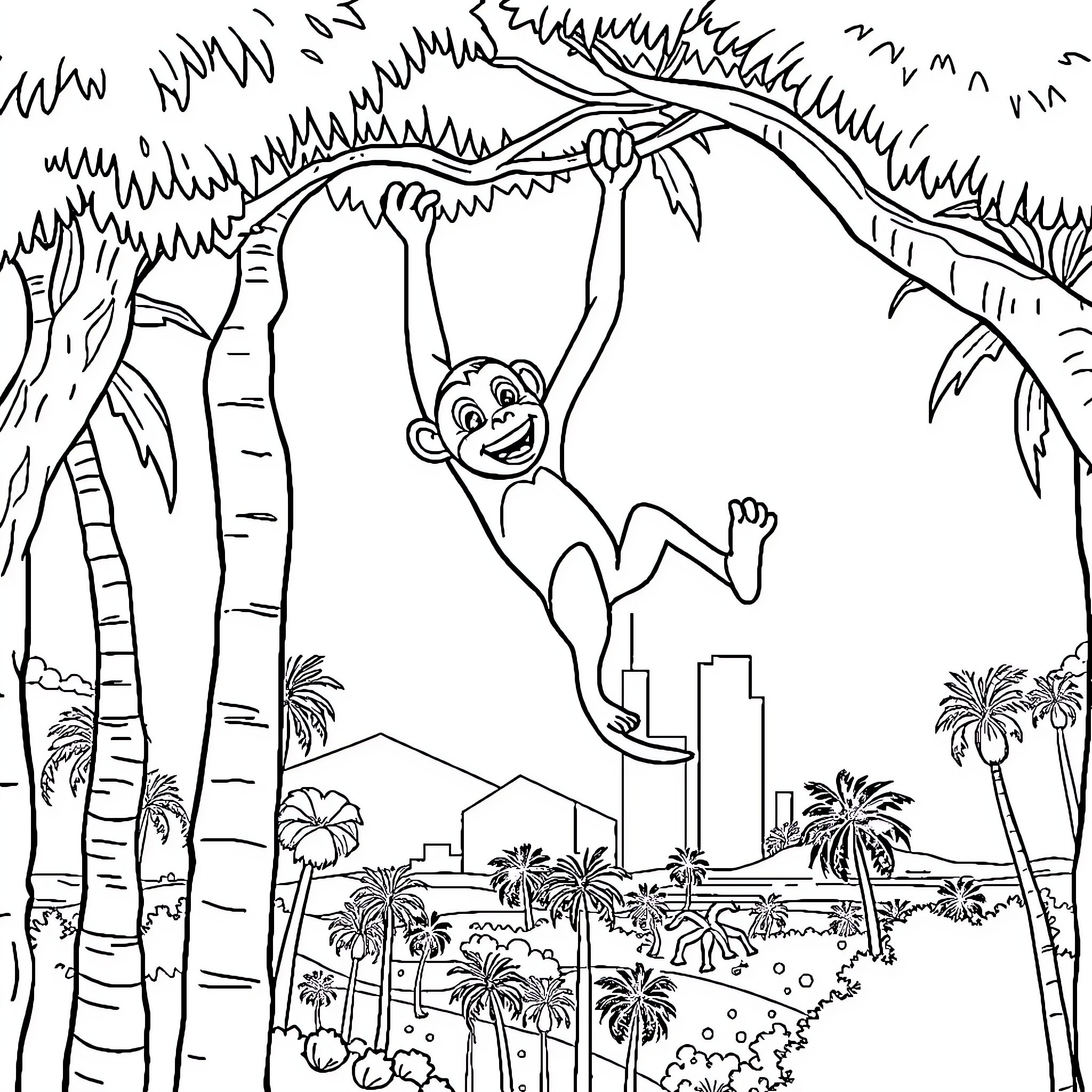 Monkey swinging playfully in jungle landscape Coloring Page (free black-and-white line drawing printable PDF for all, from beginners to advanced learners, including children, teens, adults, and seniors)