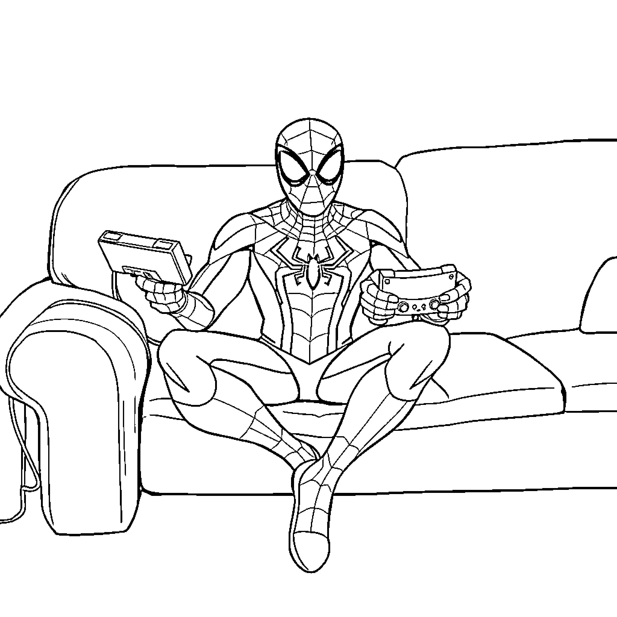 Spiderman relaxing on the couch with video games Coloring Page (free black-and-white line drawing printable PDF for all, from beginners to advanced learners, including children, teens, adults, and seniors)