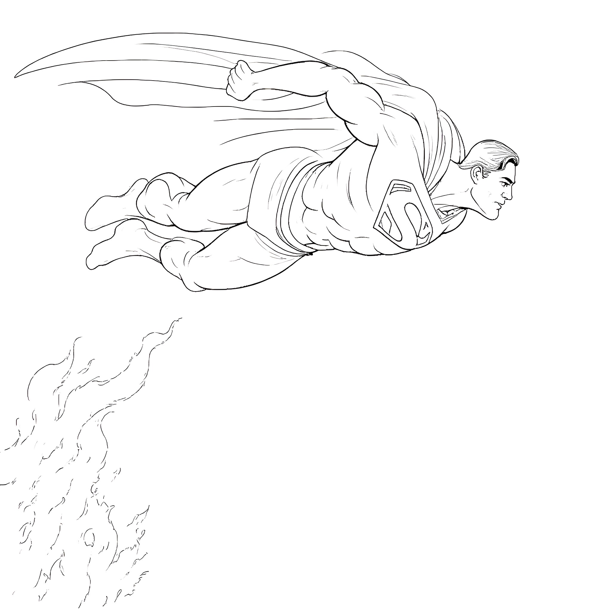 Superman soaring through the sky with determination Coloring Page (free black-and-white line drawing printable PDF for all, from beginners to advanced learners, including children, teens, adults, and seniors)