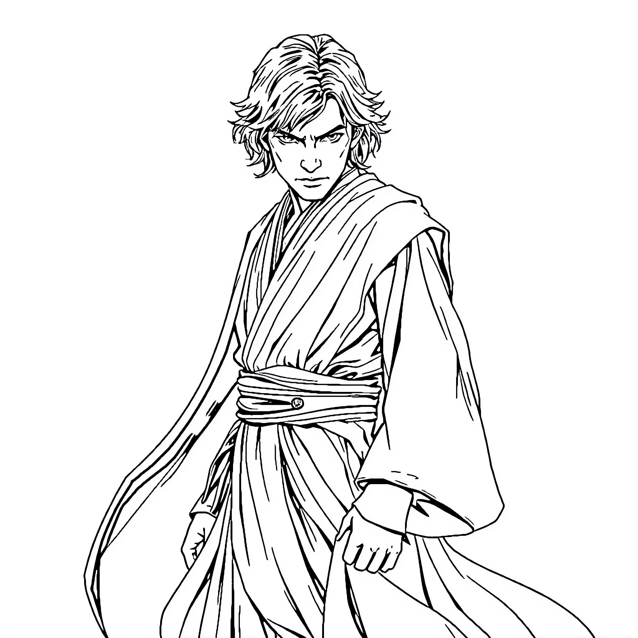 Anakin Skywalker in dramatic Jedi pose Coloring Page (free black-and-white line drawing printable PDF for all, from beginners to advanced learners, including children, teens, adults, and seniors)