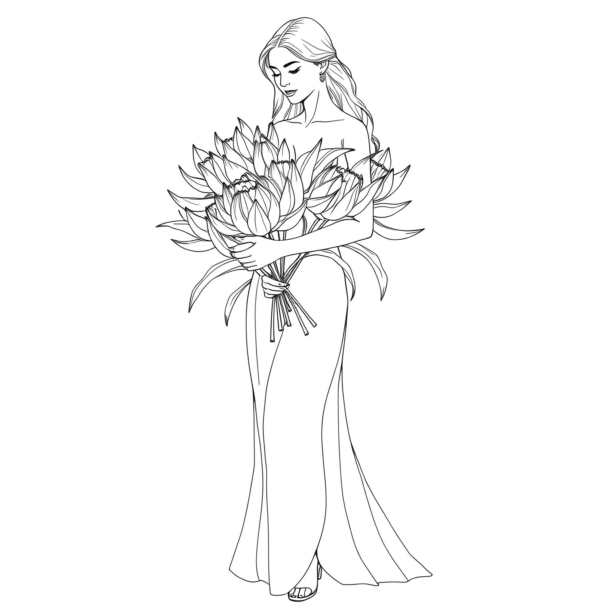 Woman holds a bouquet of flowers Coloring Page (free black-and-white line drawing printable PDF for all, from beginners to advanced learners, including children, teens, adults, and seniors)