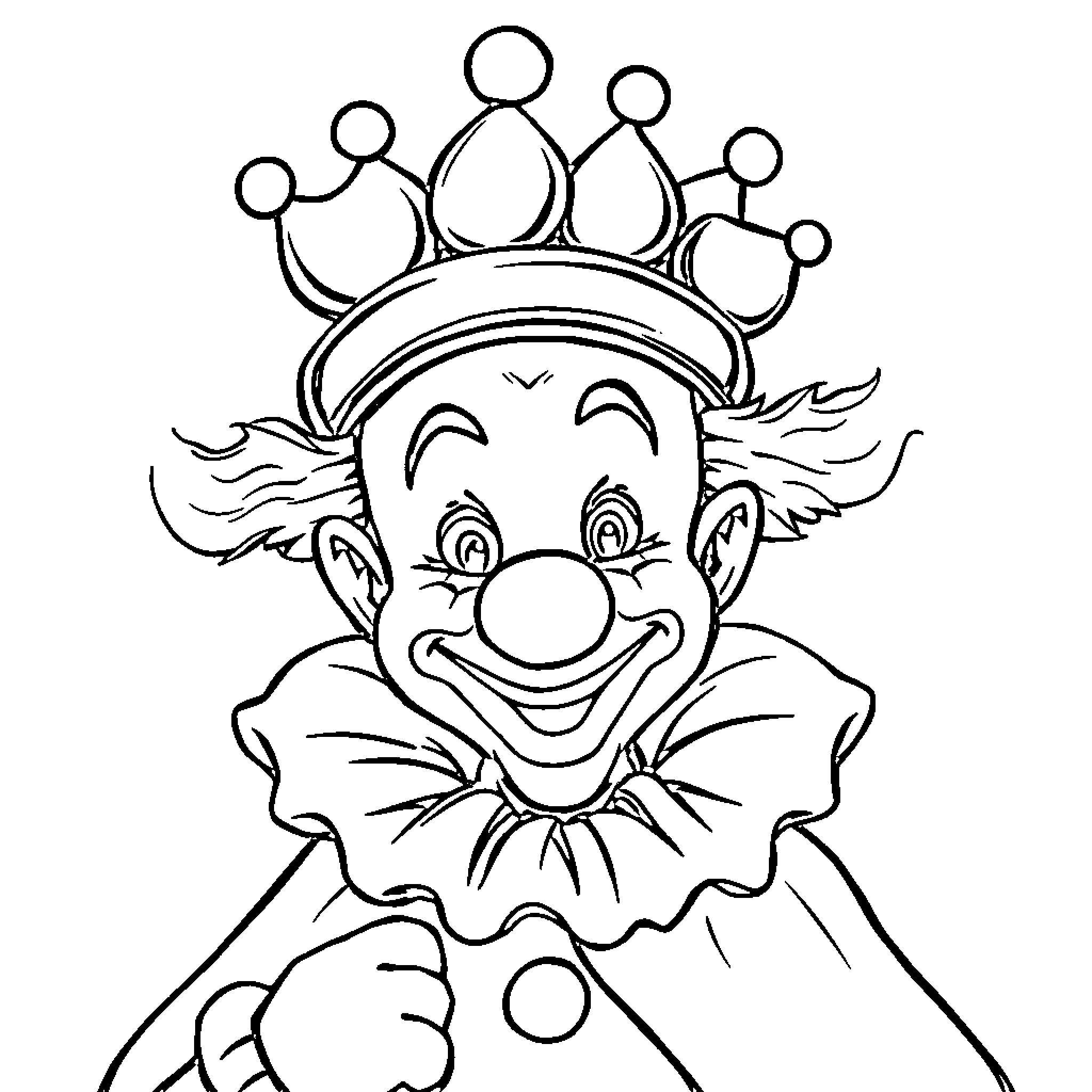 Clown with crown-like hat and joyful expression Coloring Page (free black-and-white line drawing printable PDF for all, from beginners to advanced learners, including children, teens, adults, and seniors)