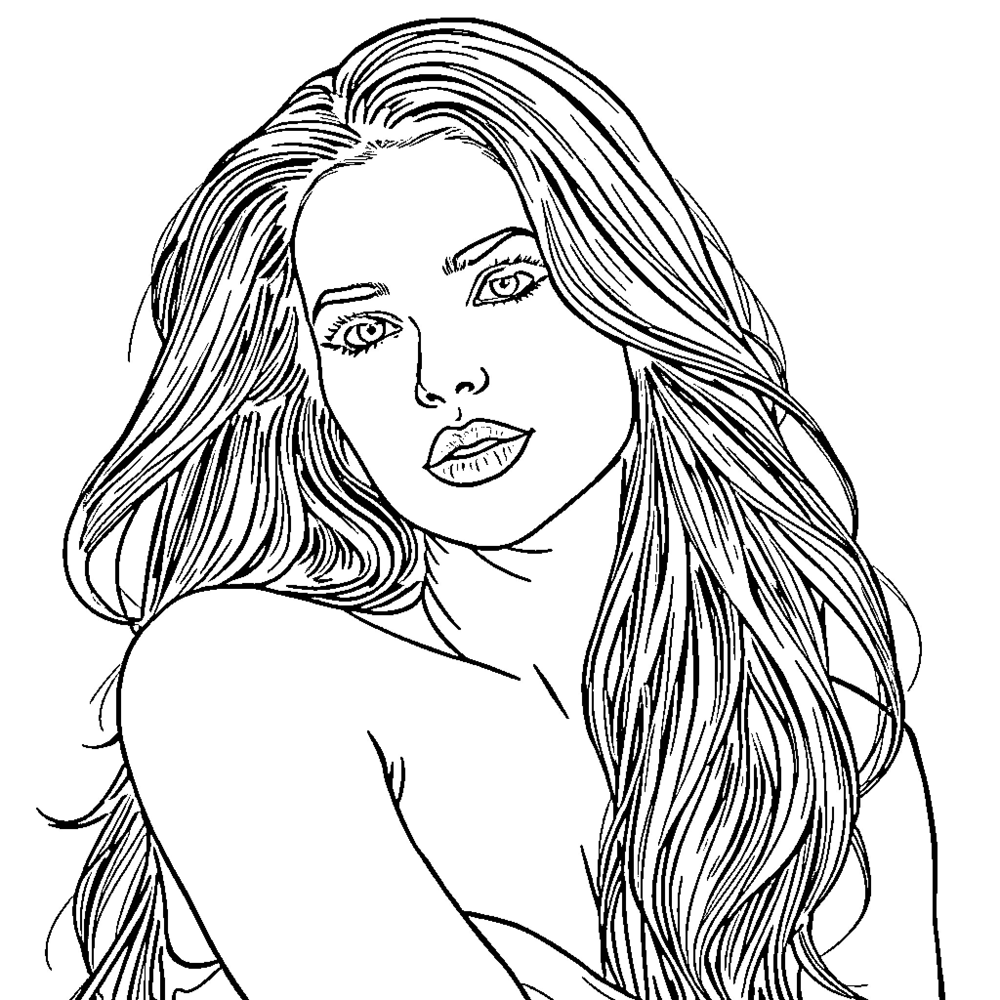 Yasmine Bleeth in contemplative pose Coloring Page (free black-and-white line drawing printable PDF for all, from beginners to advanced learners, including children, teens, adults, and seniors)