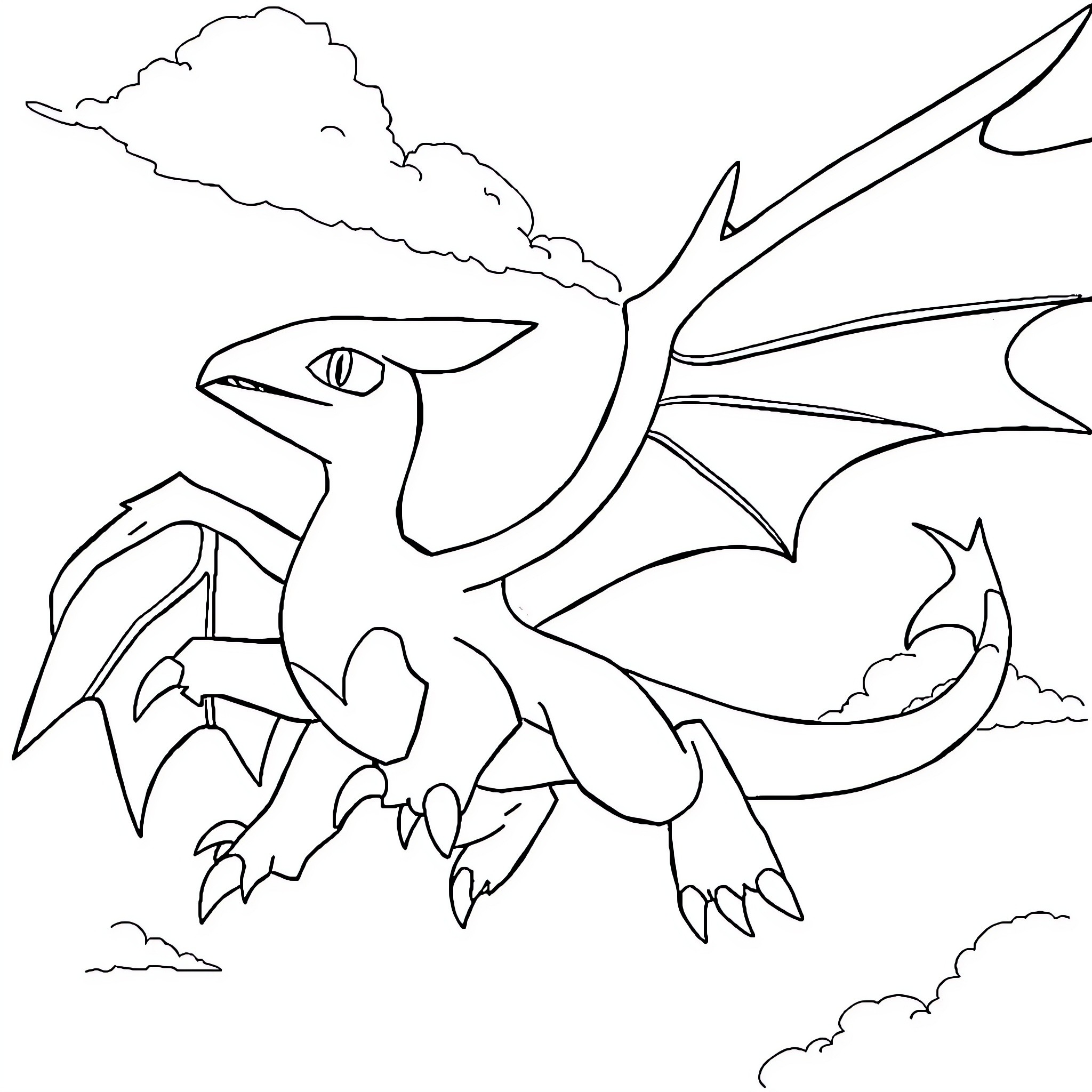 Psyther dragon soaring through cloudy skies Coloring Page (free black-and-white line drawing printable PDF for all, from beginners to advanced learners, including children, teens, adults, and seniors)