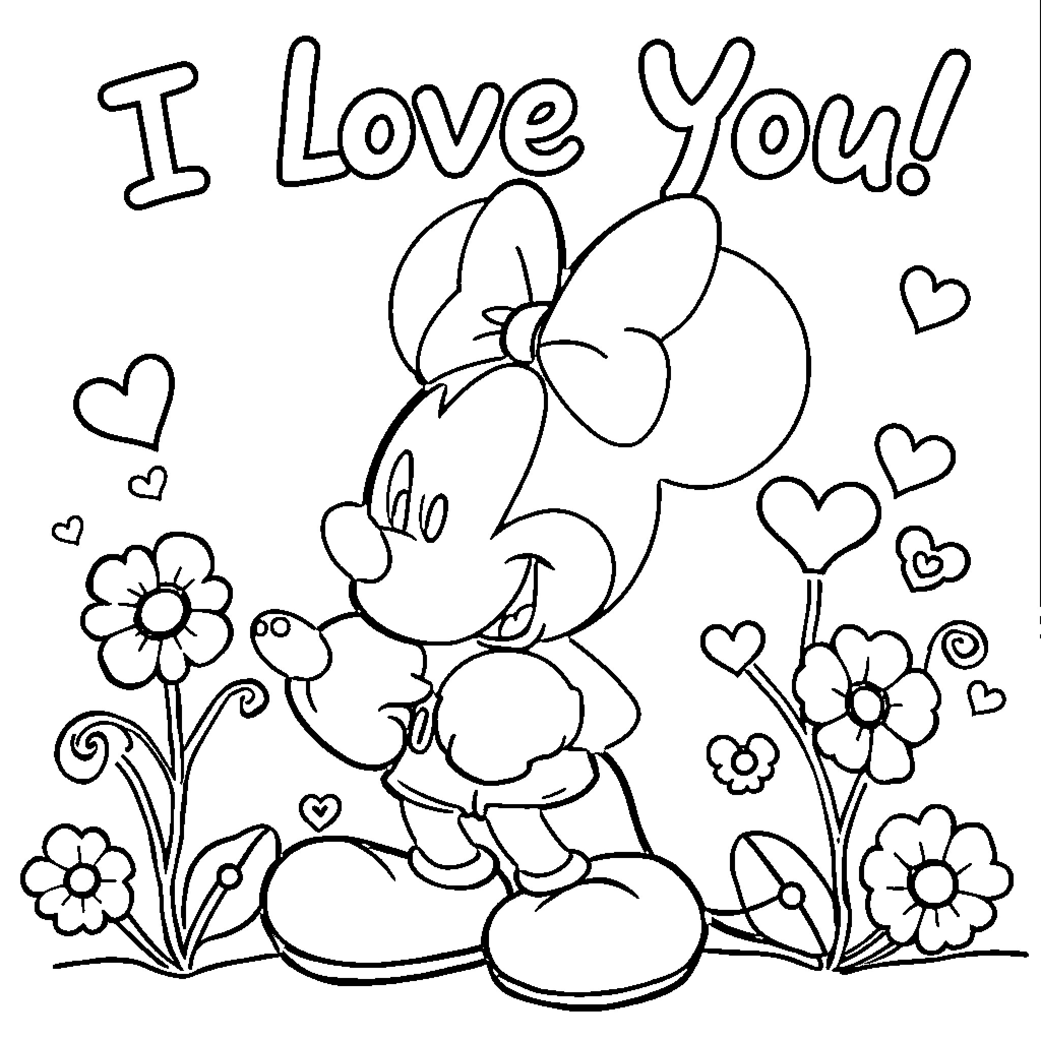 Mickey Mouse expressing love with flowers Coloring Page (free black-and-white line drawing printable PDF for all, from beginners to advanced learners, including children, teens, adults, and seniors)