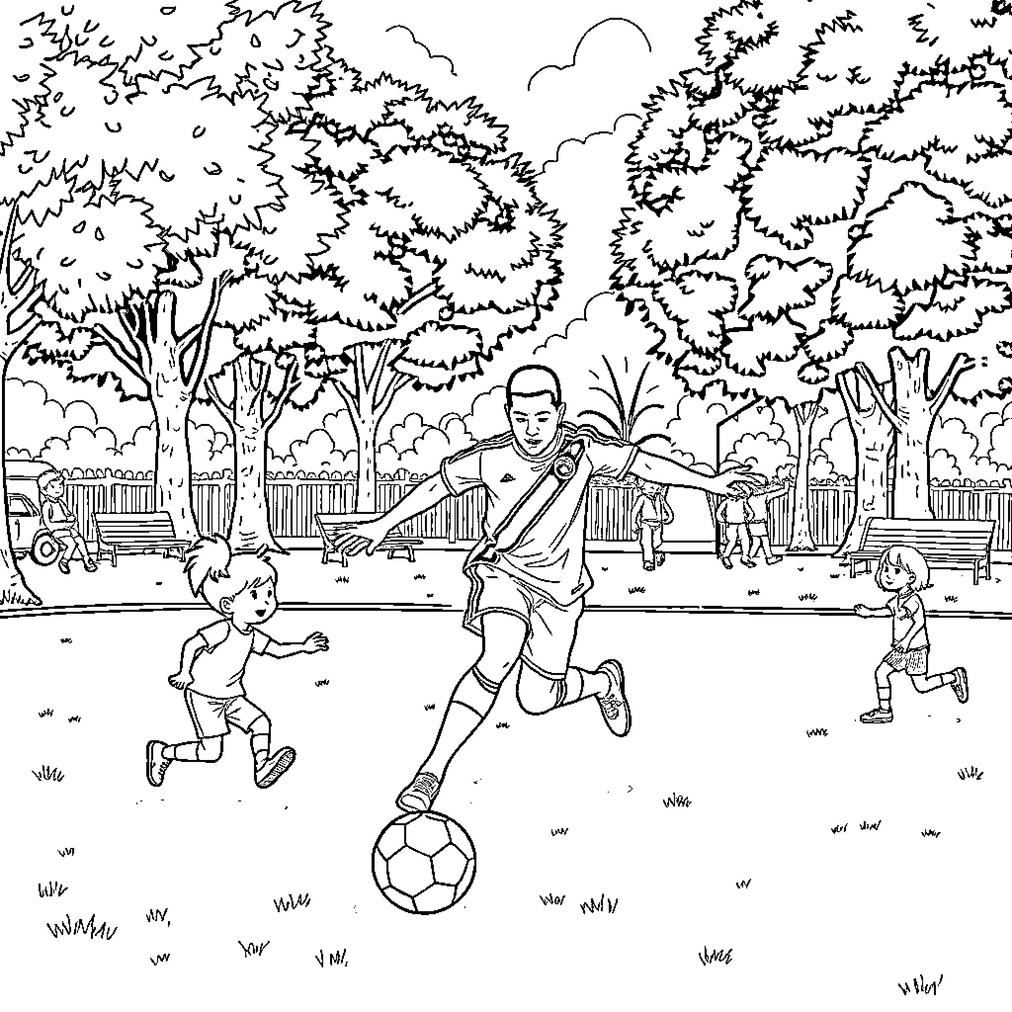 Kylian Mbappe playing soccer with children in the park Coloring Page (free black-and-white line drawing printable PDF for all, from beginners to advanced learners, including children, teens, adults, and seniors)