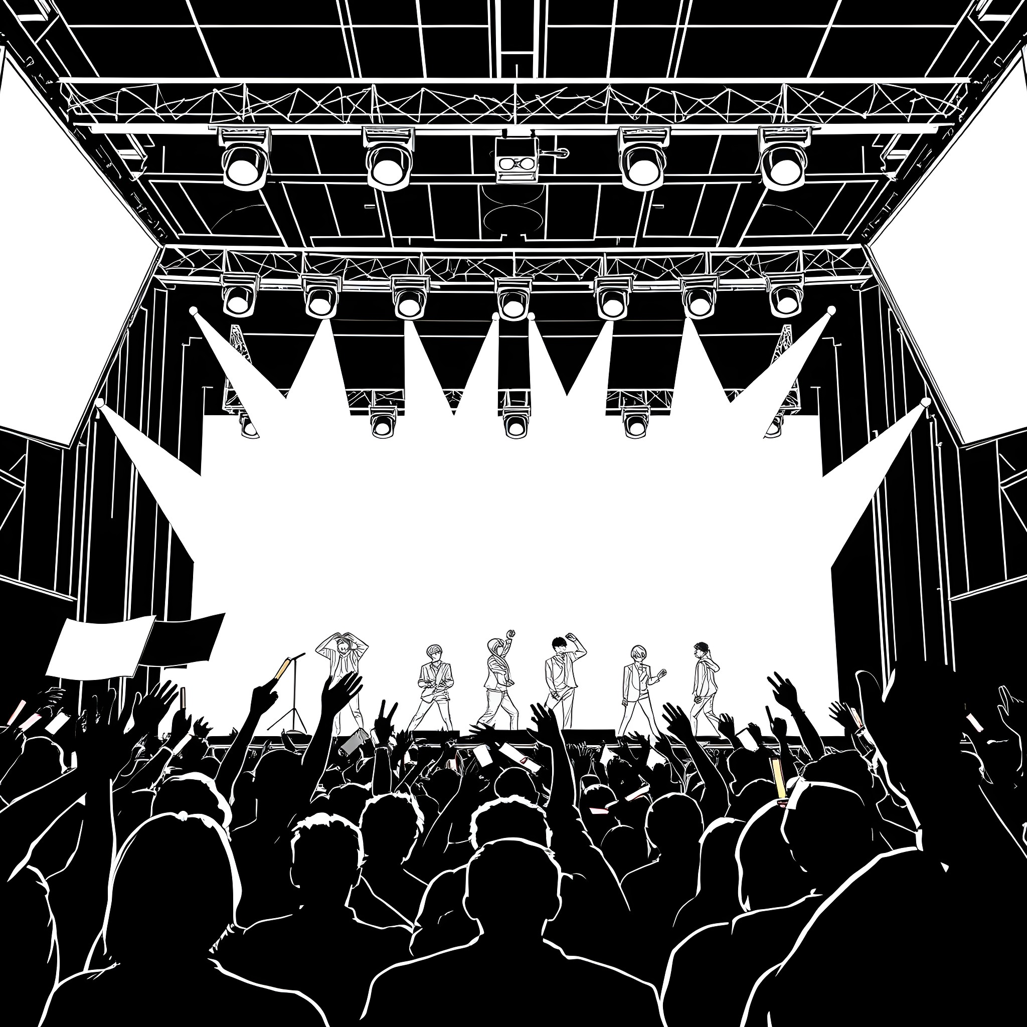 BTS performing on stage with energetic crowd Coloring Page (free black-and-white line drawing printable PDF for all, from beginners to advanced learners, including children, teens, adults, and seniors)