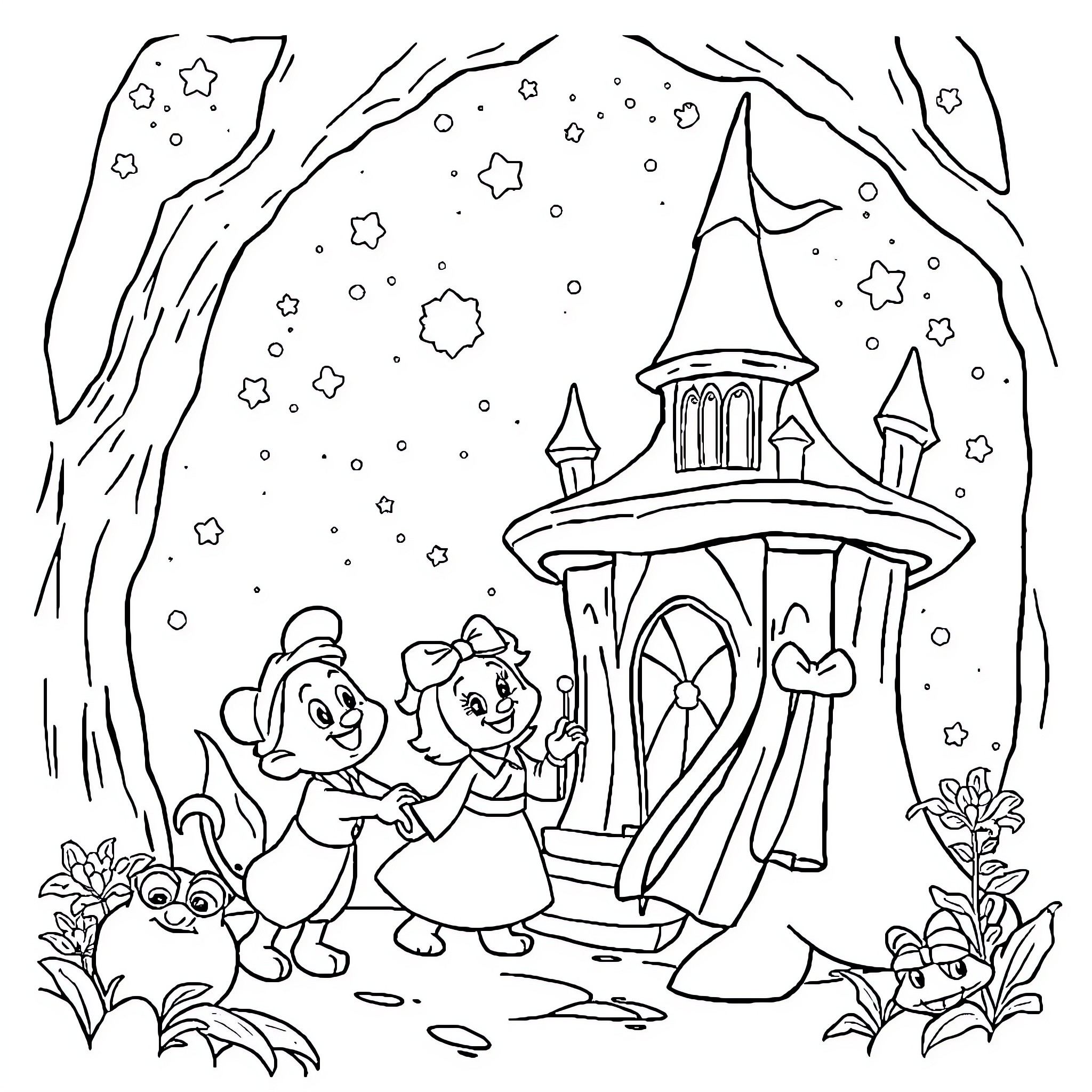 Disney characters exploring a magical castle in the woods Coloring Page (free black-and-white line drawing printable PDF for all, from beginners to advanced learners, including children, teens, adults, and seniors)