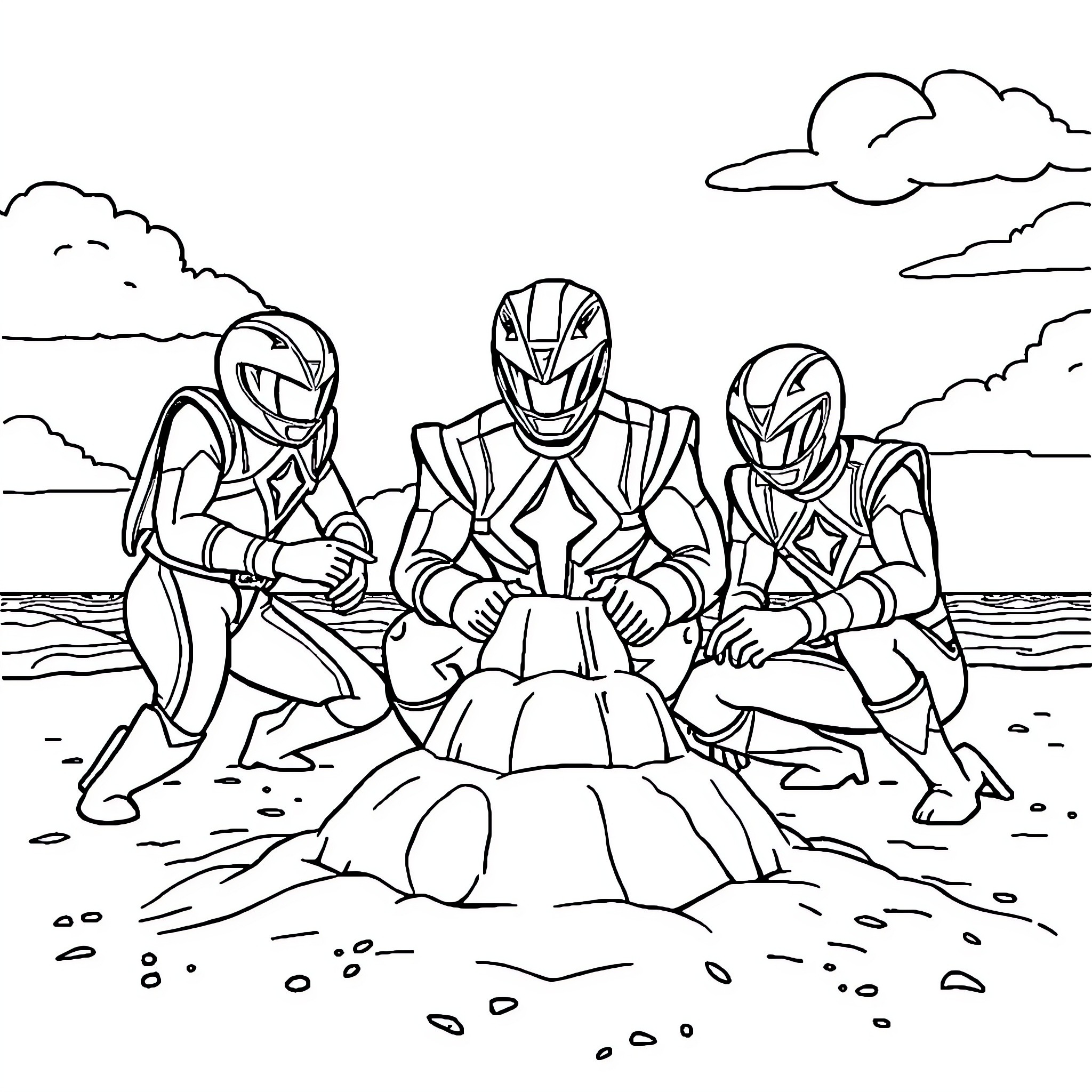 Power Rangers Pose Together on the Beach Coloring Page (free black-and-white line drawing printable PDF for all, from beginners to advanced learners, including children, teens, adults, and seniors)