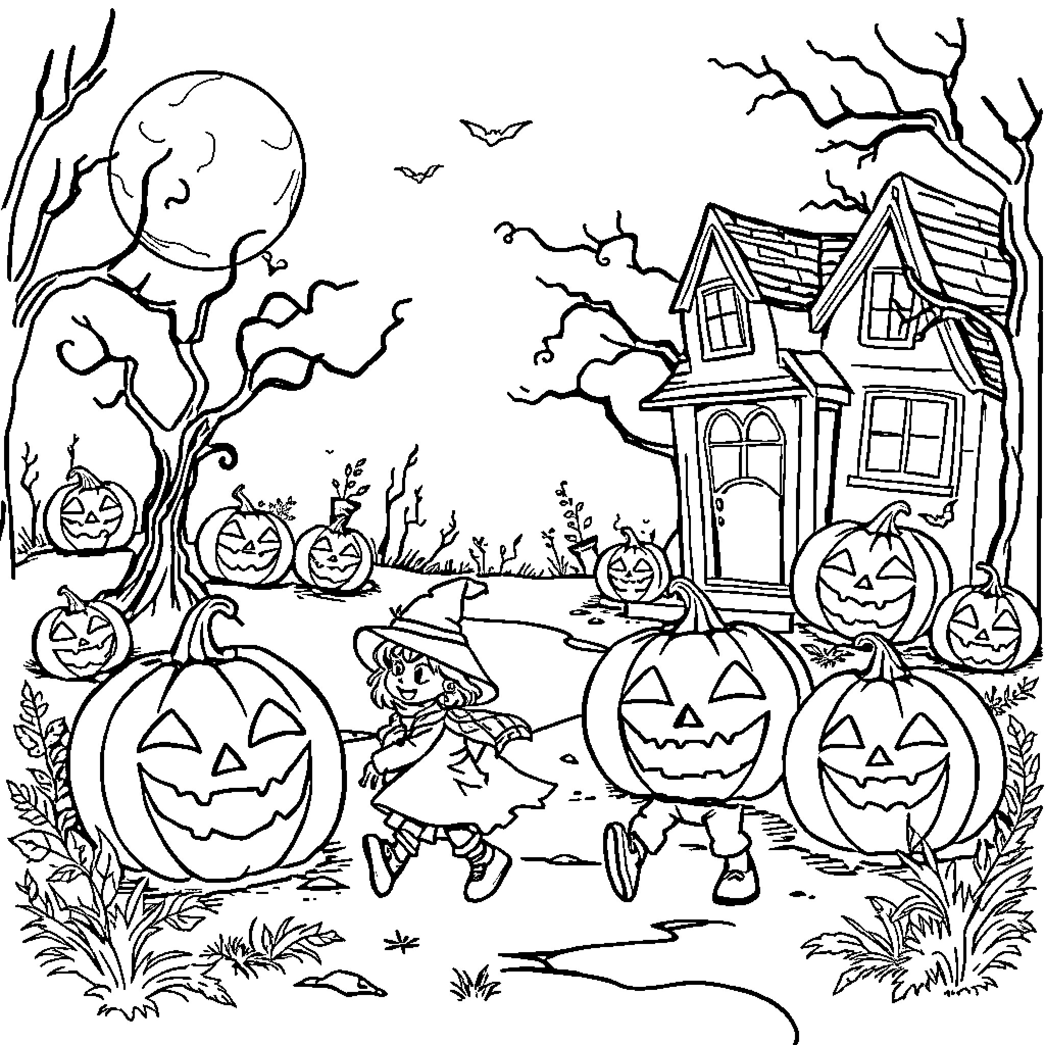 Halloween haunted house with pumpkins and spooky characters Coloring Page (free black-and-white line drawing printable PDF for all, from beginners to advanced learners, including children, teens, adults, and seniors)