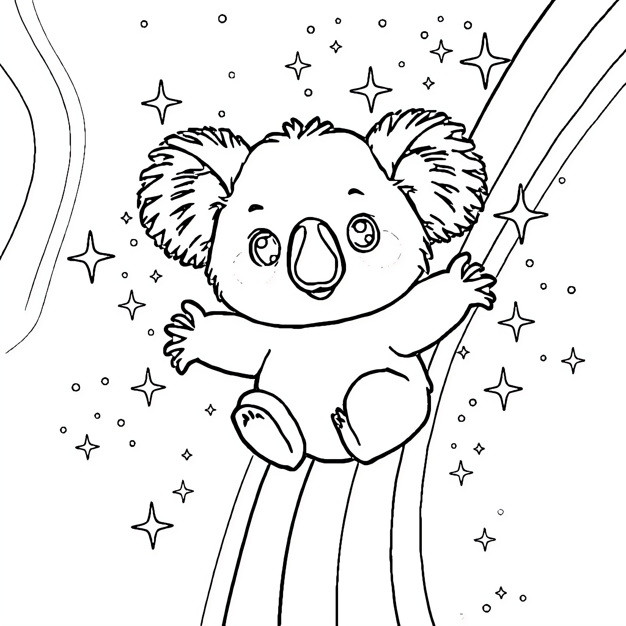 Koala surrounded by twinkling stars Coloring Page (free black-and-white line drawing printable PDF for all, from beginners to advanced learners, including children, teens, adults, and seniors)