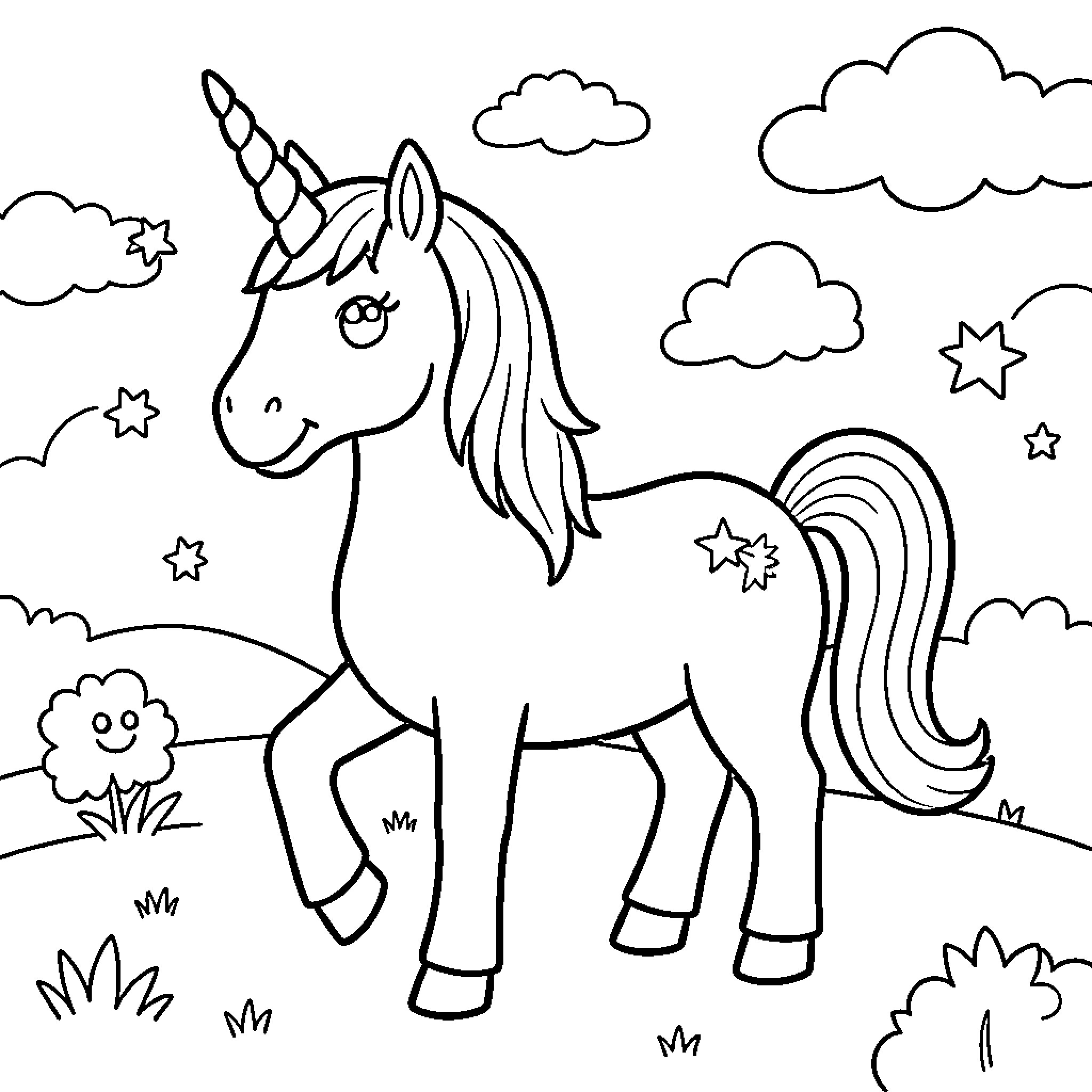 Unicorn standing amidst clouds and stars in nature Coloring Page (free black-and-white line drawing printable PDF for all, from beginners to advanced learners, including children, teens, adults, and seniors)