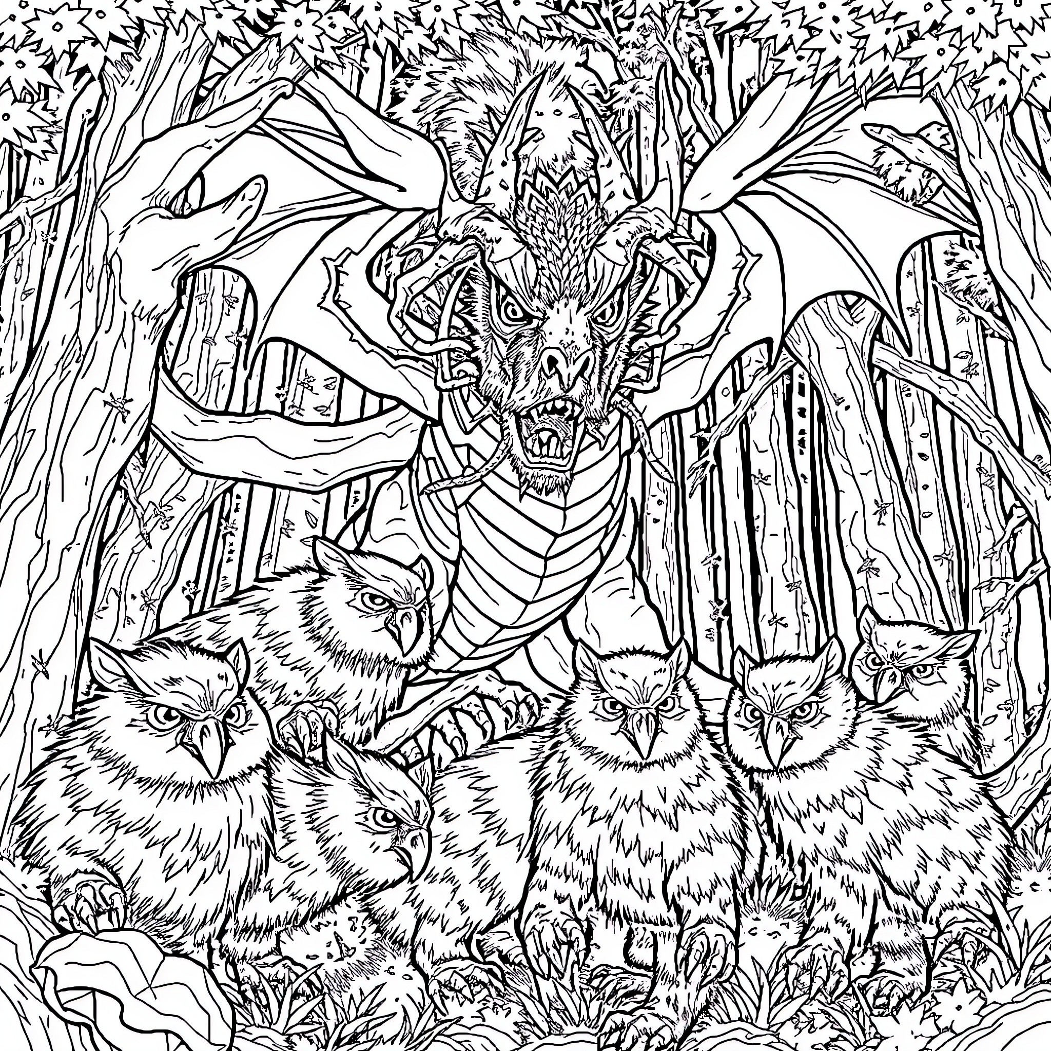 Dragon guarding its territory among forest creatures Coloring Page (free black-and-white line drawing printable PDF for all, from beginners to advanced learners, including children, teens, adults, and seniors)