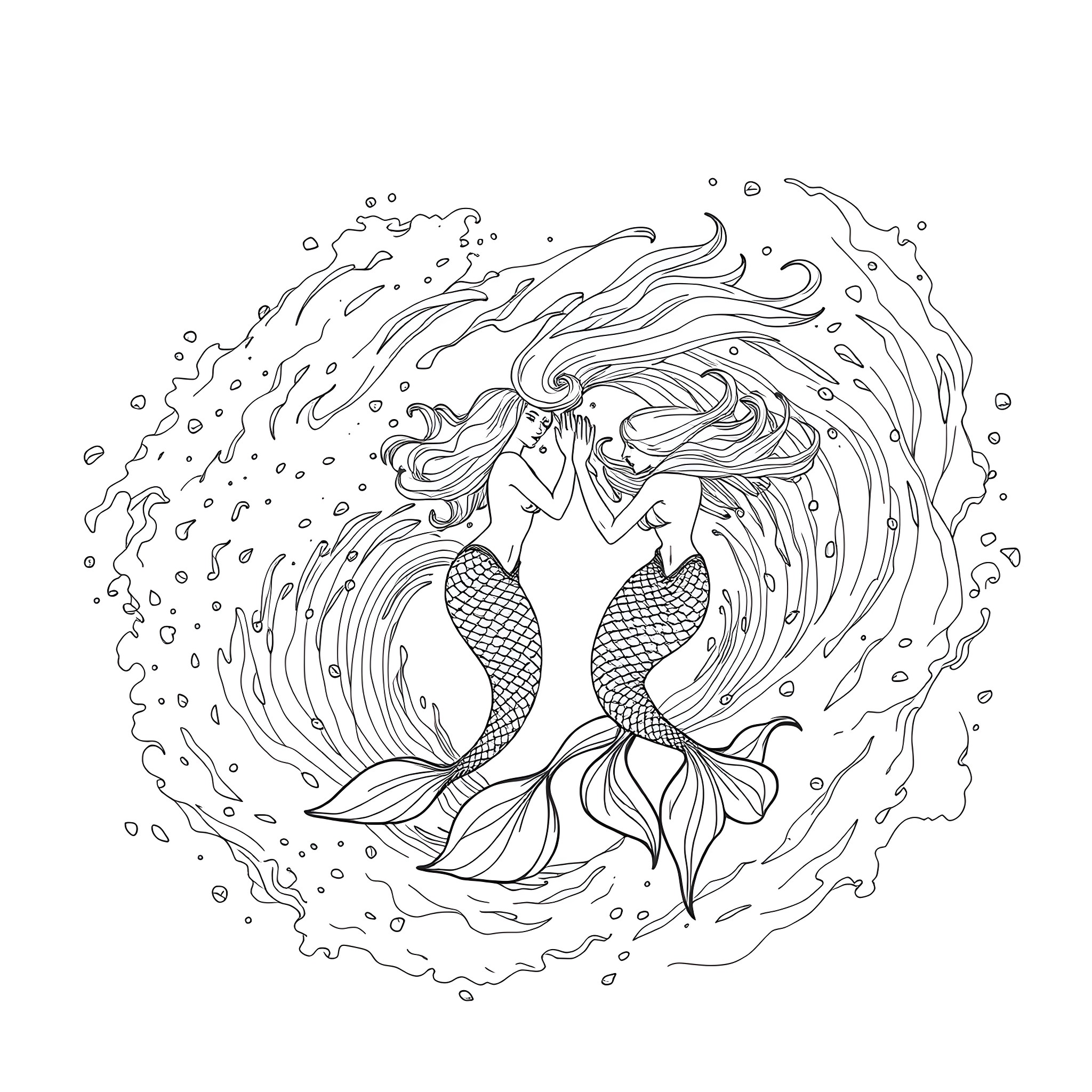 Mermaid swimming gracefully in the underwater currents Coloring Page (free black-and-white line drawing printable PDF for all, from beginners to advanced learners, including children, teens, adults, and seniors)