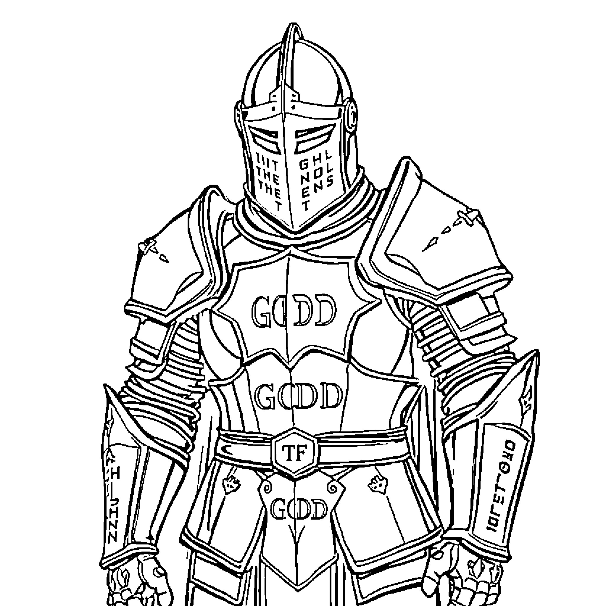 Armored Soldier Stands Tall in Ornate Battle Gear Coloring Page (free black-and-white line drawing printable PDF for all, from beginners to advanced learners, including children, teens, adults, and seniors)