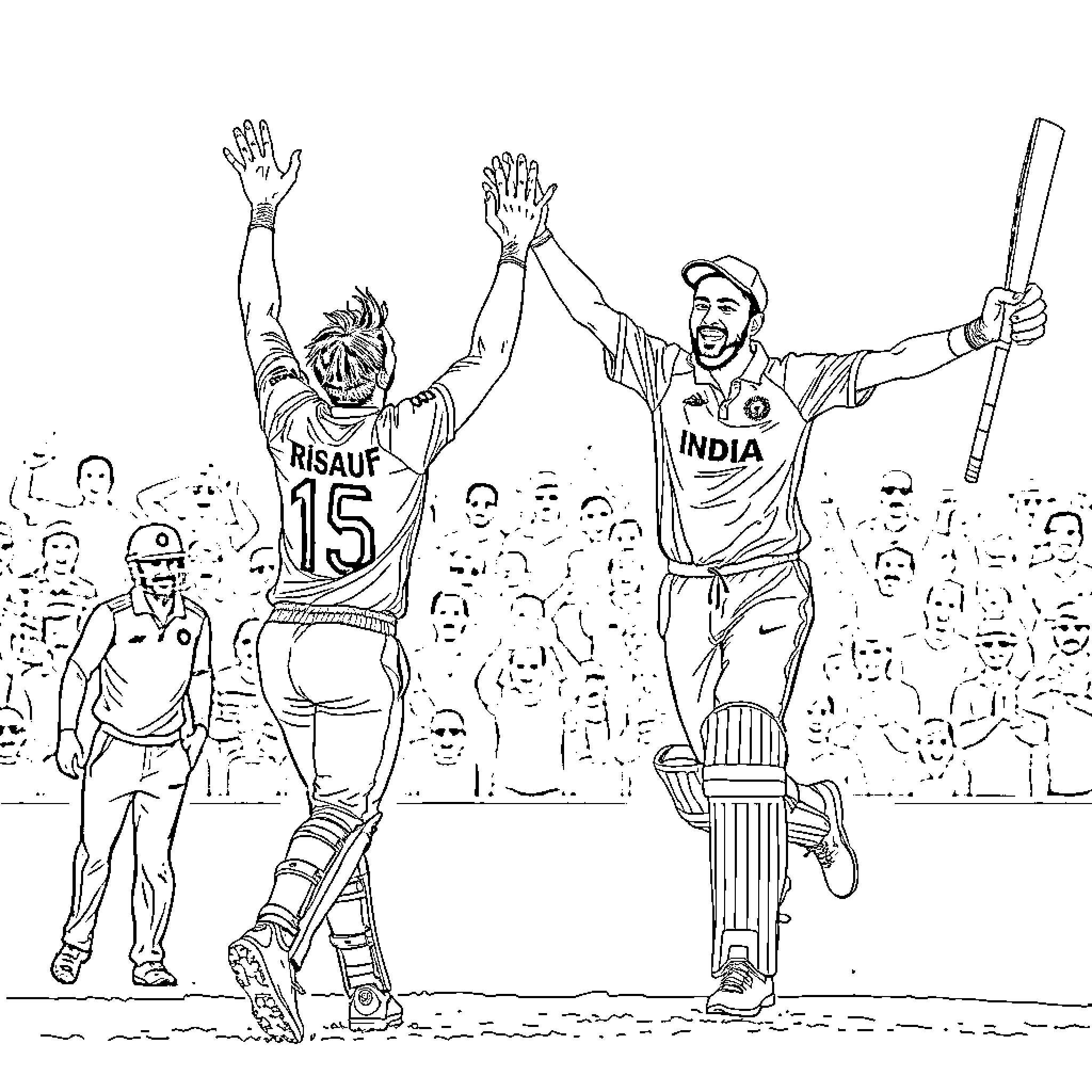 Haris Rauf celebrates with Indian cricketer in cricket match Coloring Page (free black-and-white line drawing printable PDF for all, from beginners to advanced learners, including children, teens, adults, and seniors)