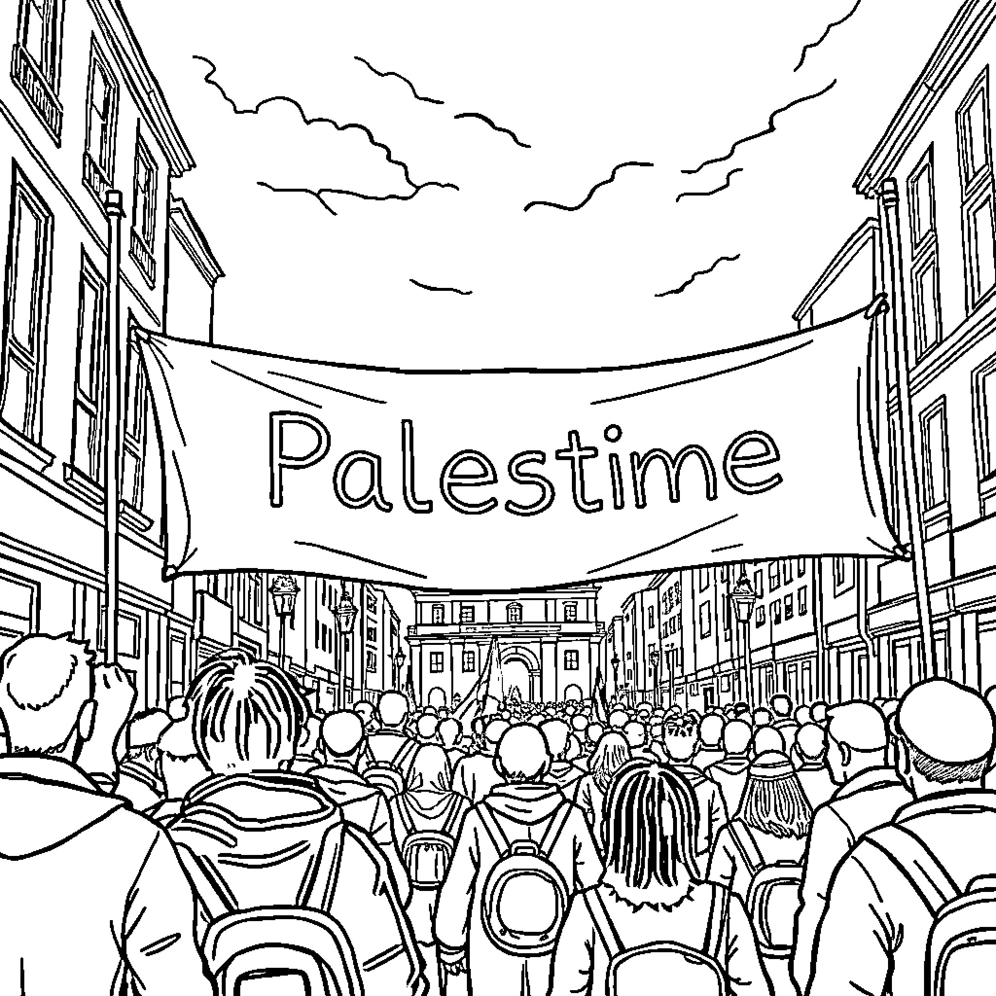 Palestine street scene with protest banner Coloring Page (free black-and-white line drawing printable PDF for all, from beginners to advanced learners, including children, teens, adults, and seniors)