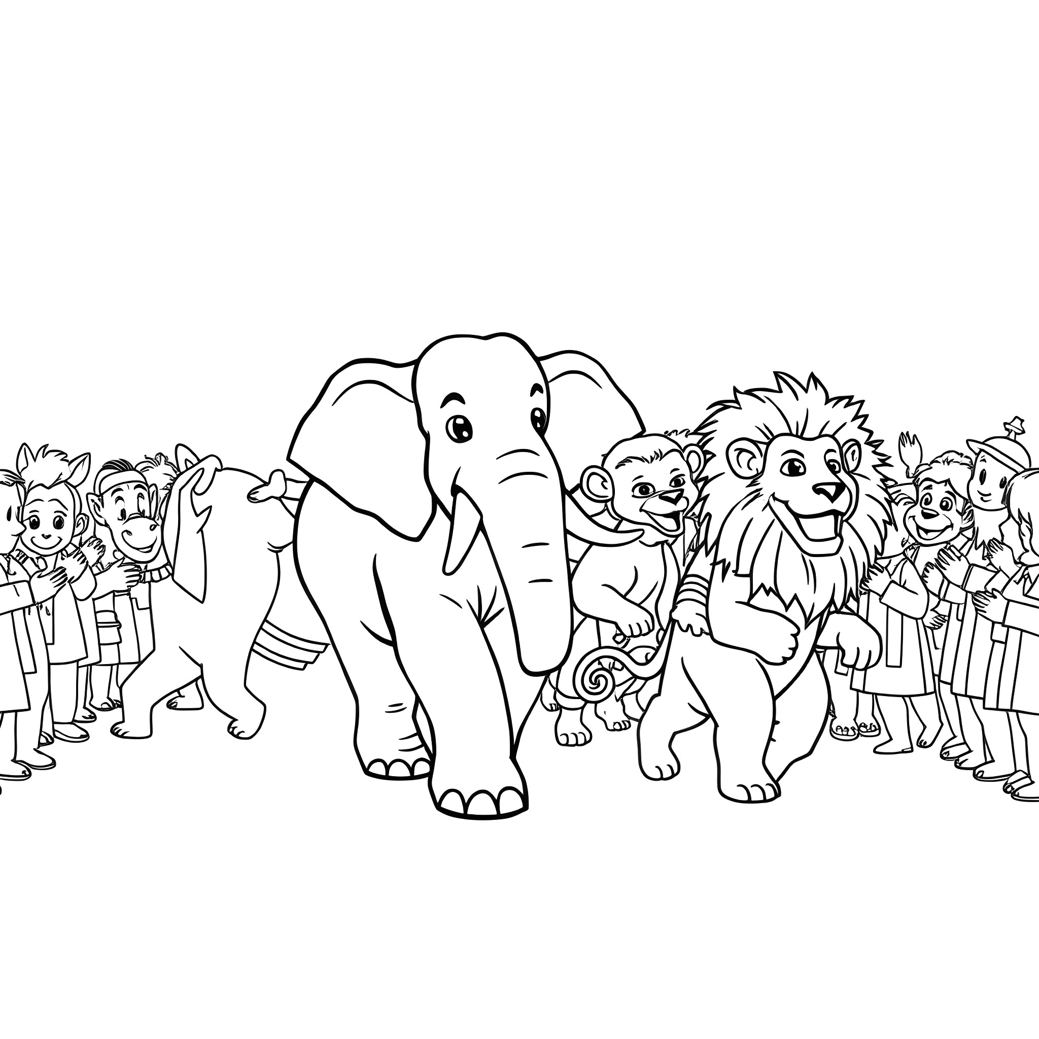 Animal characters in a line Coloring Page (free black-and-white line drawing printable PDF for all, from beginners to advanced learners, including children, teens, adults, and seniors)