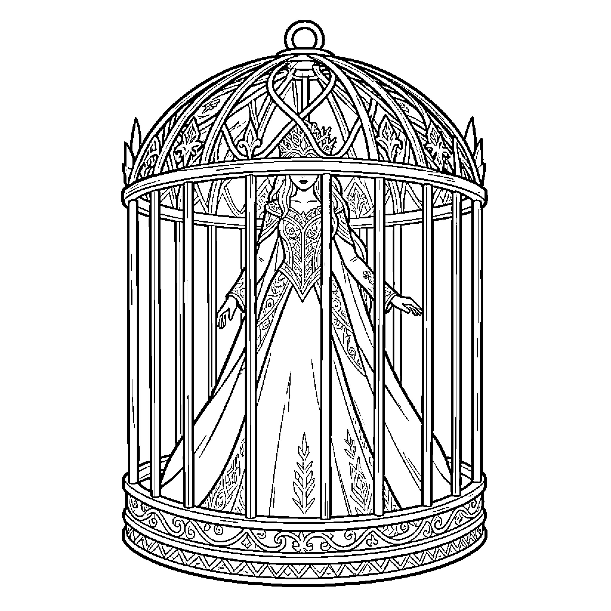 Frozen Queen standing trapped inside an ornate cage Coloring Page (free black-and-white line drawing printable PDF for all, from beginners to advanced learners, including children, teens, adults, and seniors)