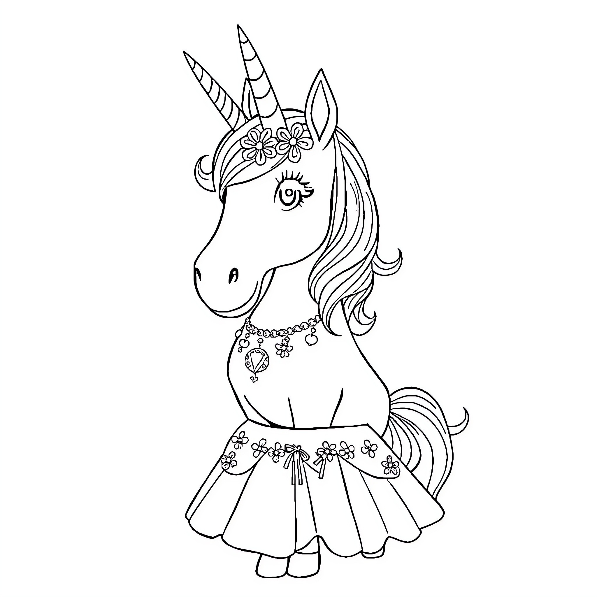 Unicorn with floral crown and ornate dress Coloring Page (free black-and-white line drawing printable PDF for all, from beginners to advanced learners, including children, teens, adults, and seniors)