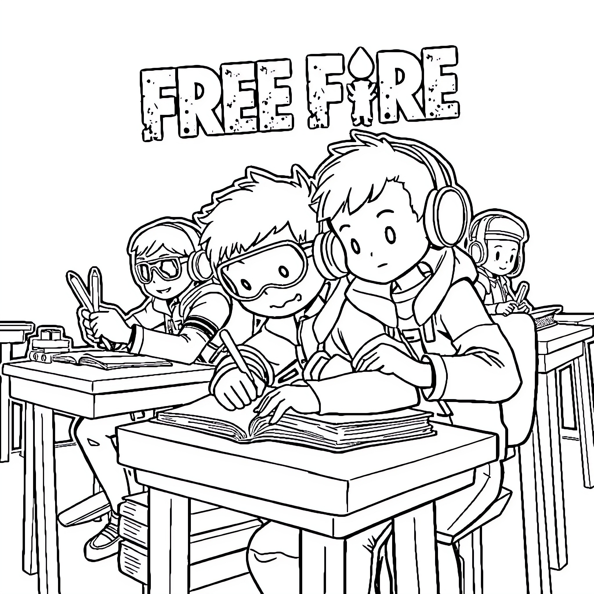 Freefire Character Students Learning Together Coloring Page (free black-and-white line drawing printable PDF for all, from beginners to advanced learners, including children, teens, adults, and seniors)