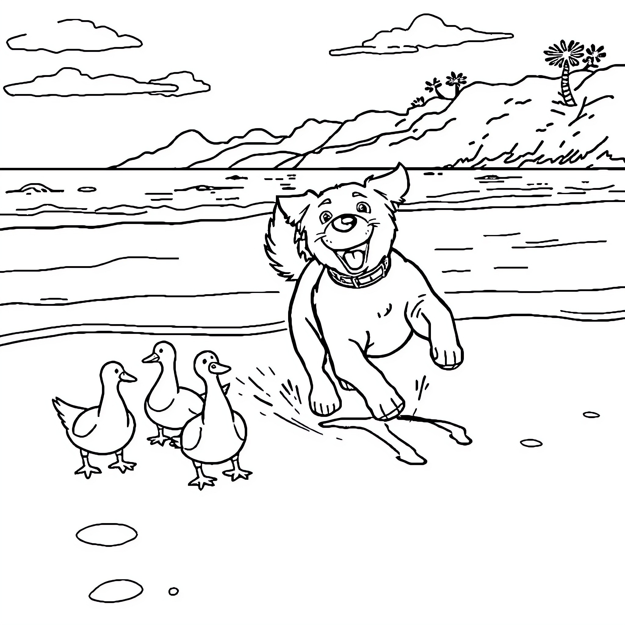 Dog playing with ducks by the beach Coloring Page (free black-and-white line drawing printable PDF for all, from beginners to advanced learners, including children, teens, adults, and seniors)
