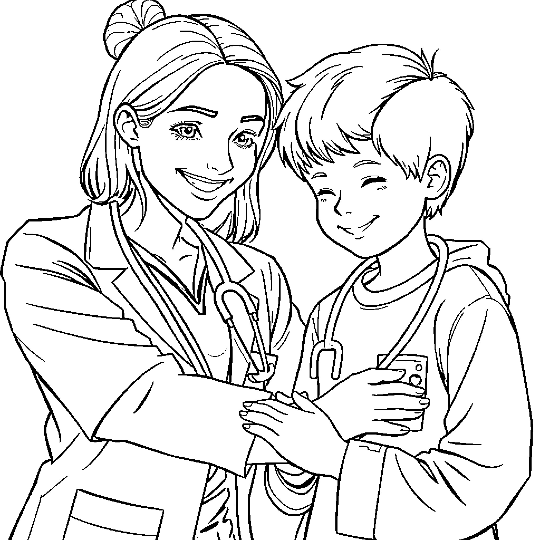 Doctor Helping a Smiling Patient Coloring Page (free black-and-white line drawing printable PDF for all, from beginners to advanced learners, including children, teens, adults, and seniors)