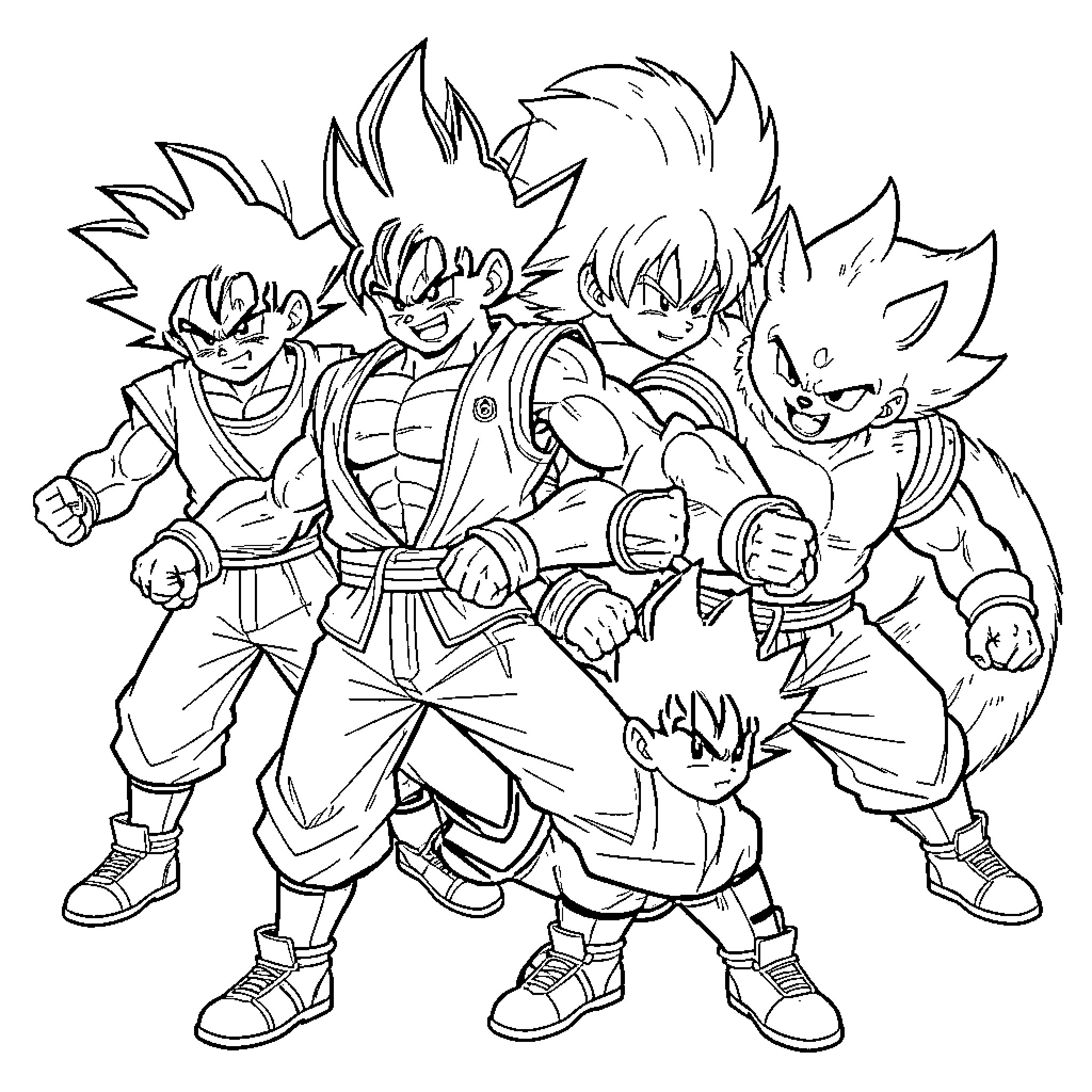 Franky and group of warriors posing in battle stances Coloring Page (free black-and-white line drawing printable PDF for all, from beginners to advanced learners, including children, teens, adults, and seniors)
