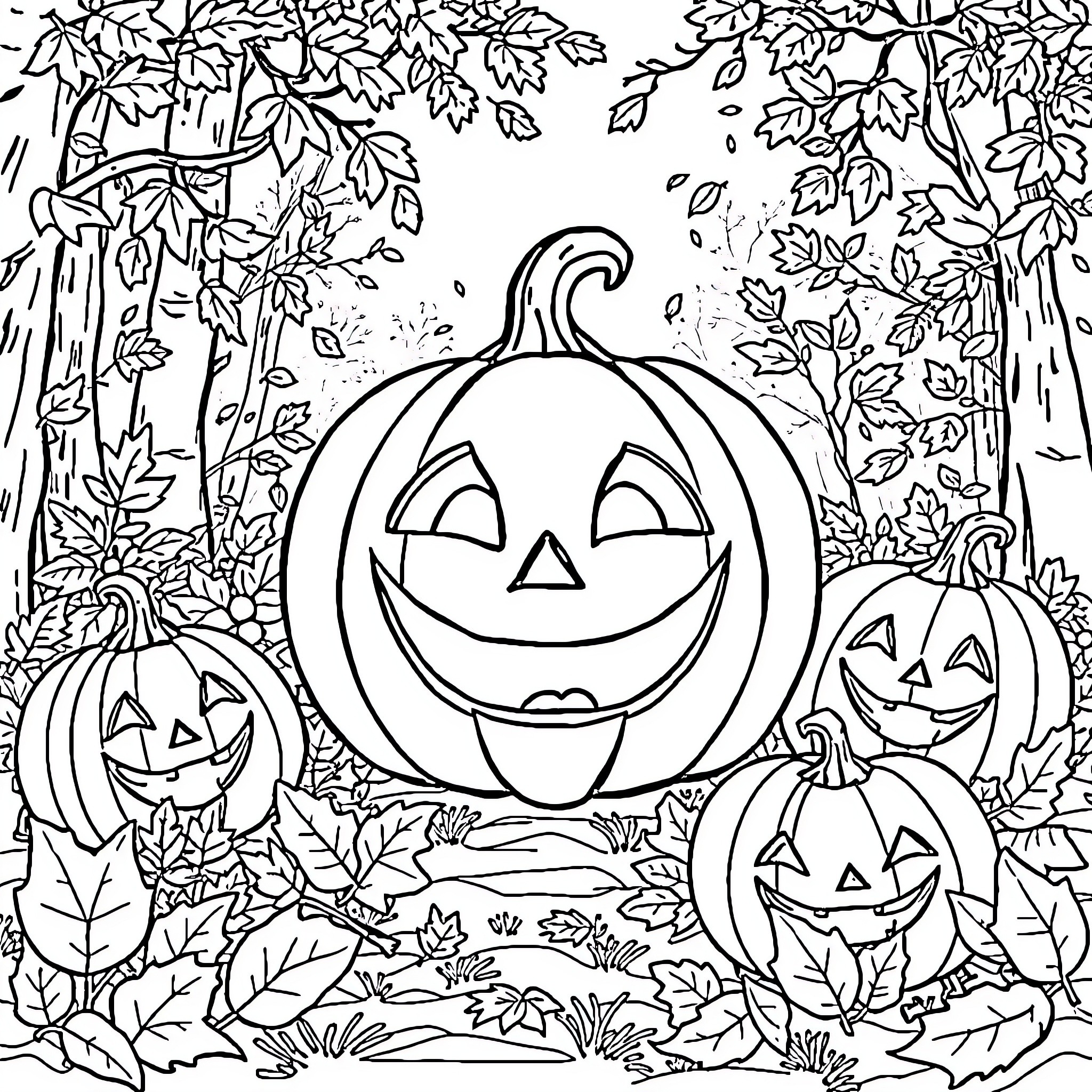 Jack-o'-lanterns in a spooky forest scene Coloring Page (free black-and-white line drawing printable PDF for all, from beginners to advanced learners, including children, teens, adults, and seniors)
