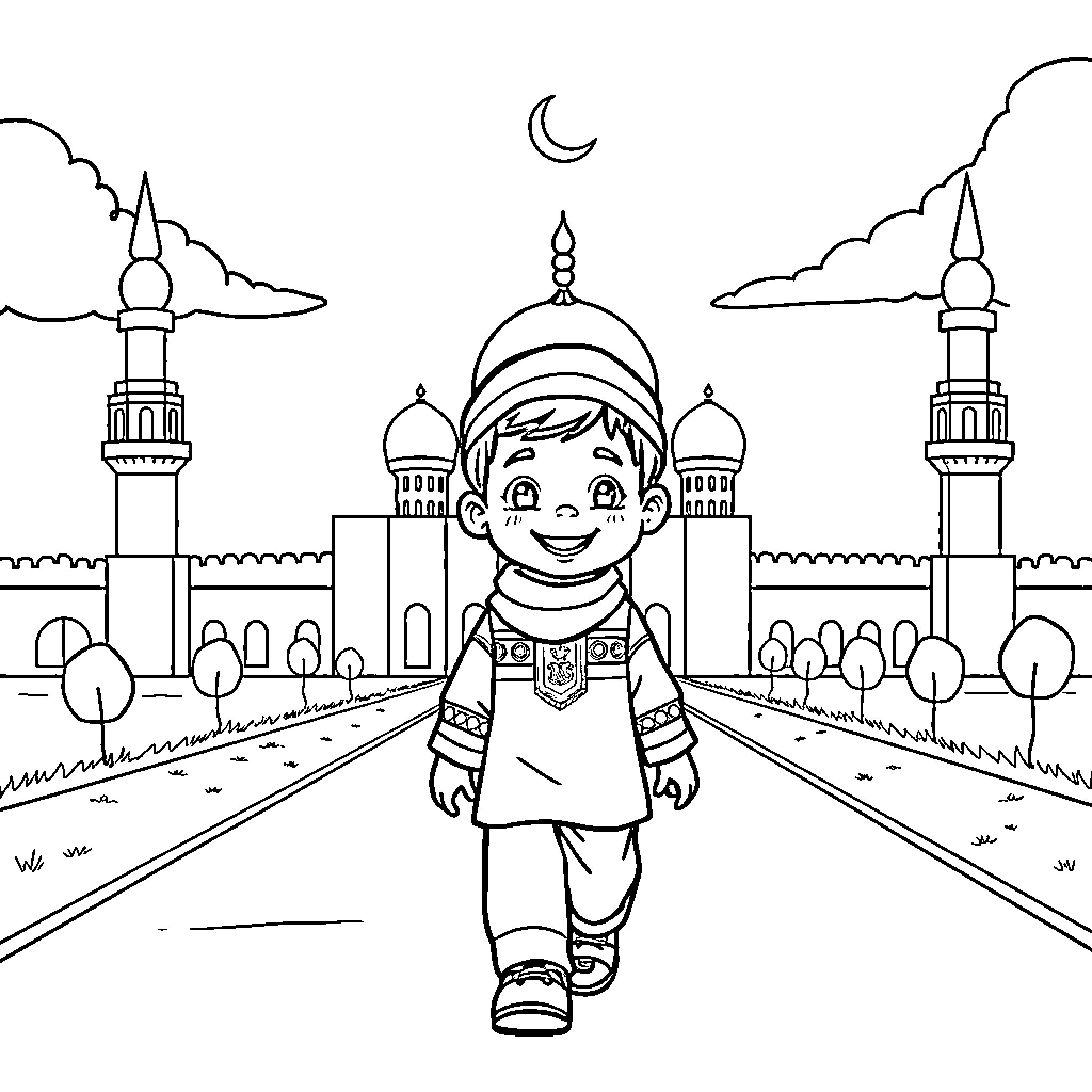 Muslim Boy Walking Towards Mosque with Joy Coloring Page (free black-and-white line drawing printable PDF for all, from beginners to advanced learners, including children, teens, adults, and seniors)