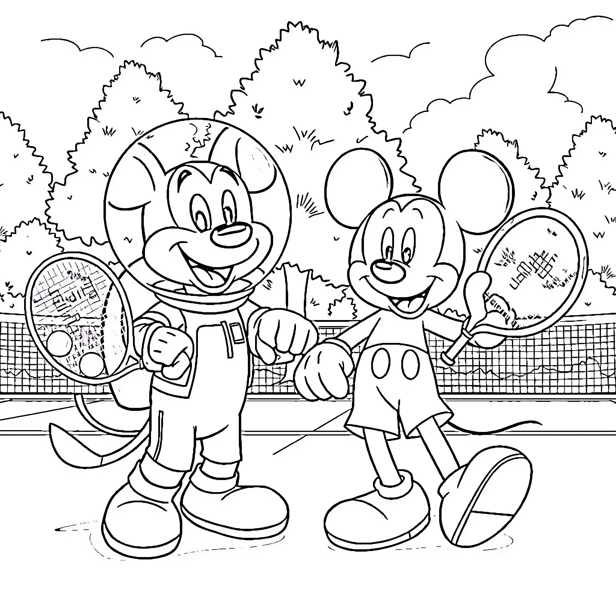 Astro Boy and Mickey Mouse playing tennis together Coloring Page (free black-and-white line drawing printable PDF for all, from beginners to advanced learners, including children, teens, adults, and seniors)