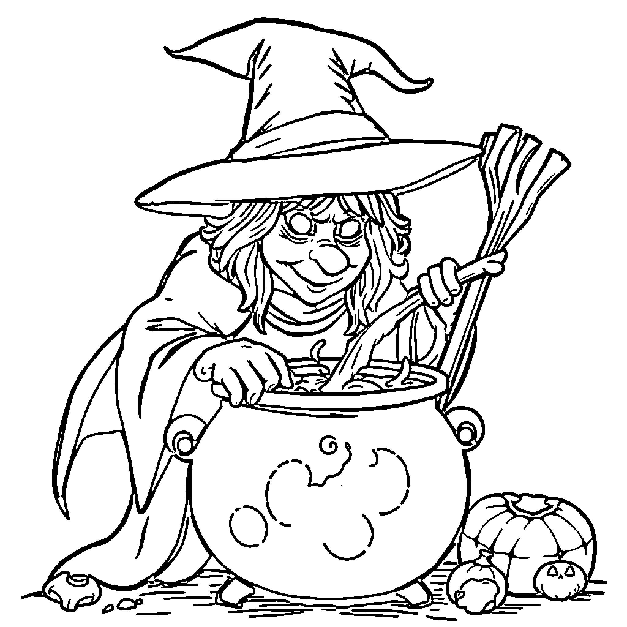 Witch stirring a magical potion in a cauldron Coloring Page (free black-and-white line drawing printable PDF for all, from beginners to advanced learners, including children, teens, adults, and seniors)