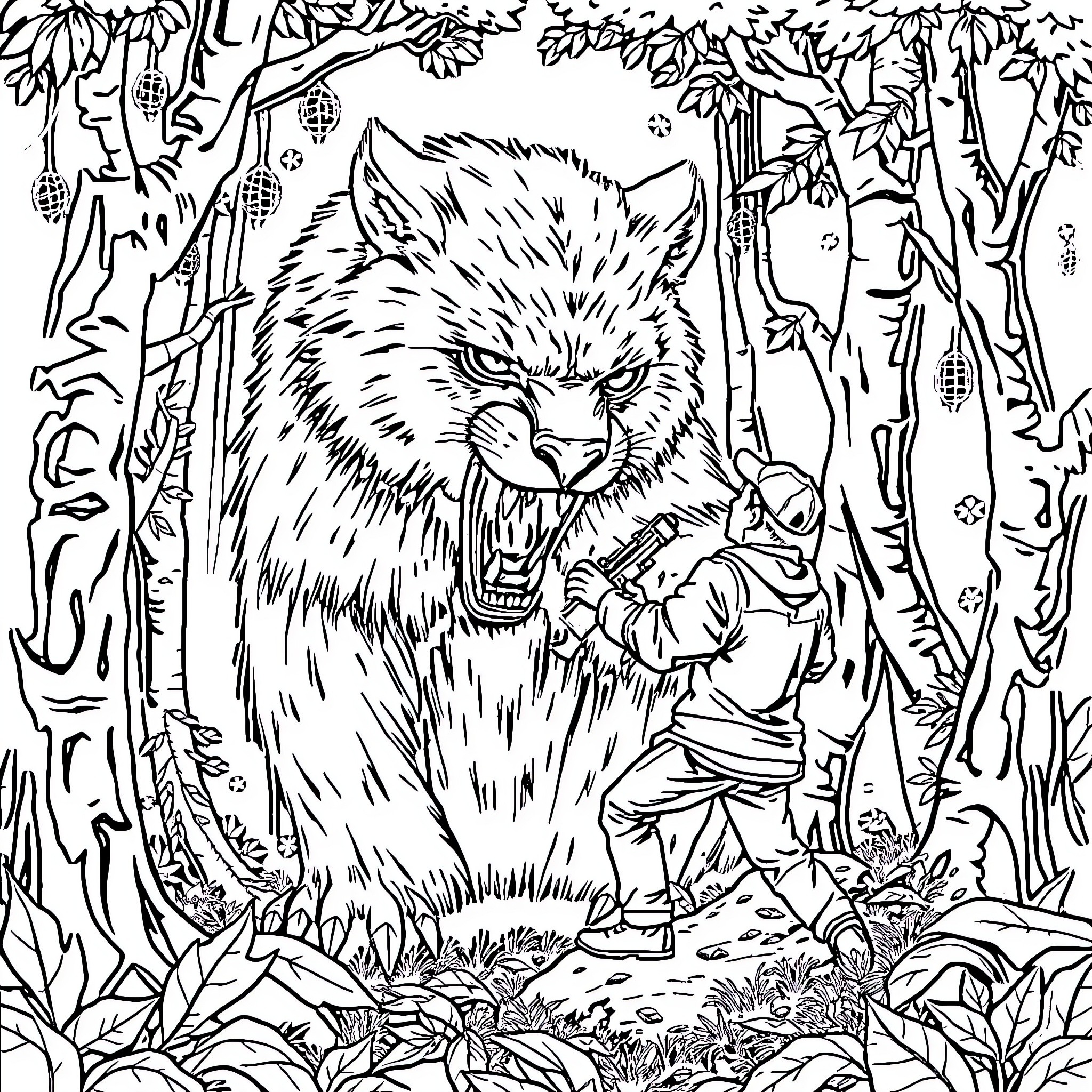 Bear confronting a warrior in the forest Coloring Page (free black-and-white line drawing printable PDF for all, from beginners to advanced learners, including children, teens, adults, and seniors)