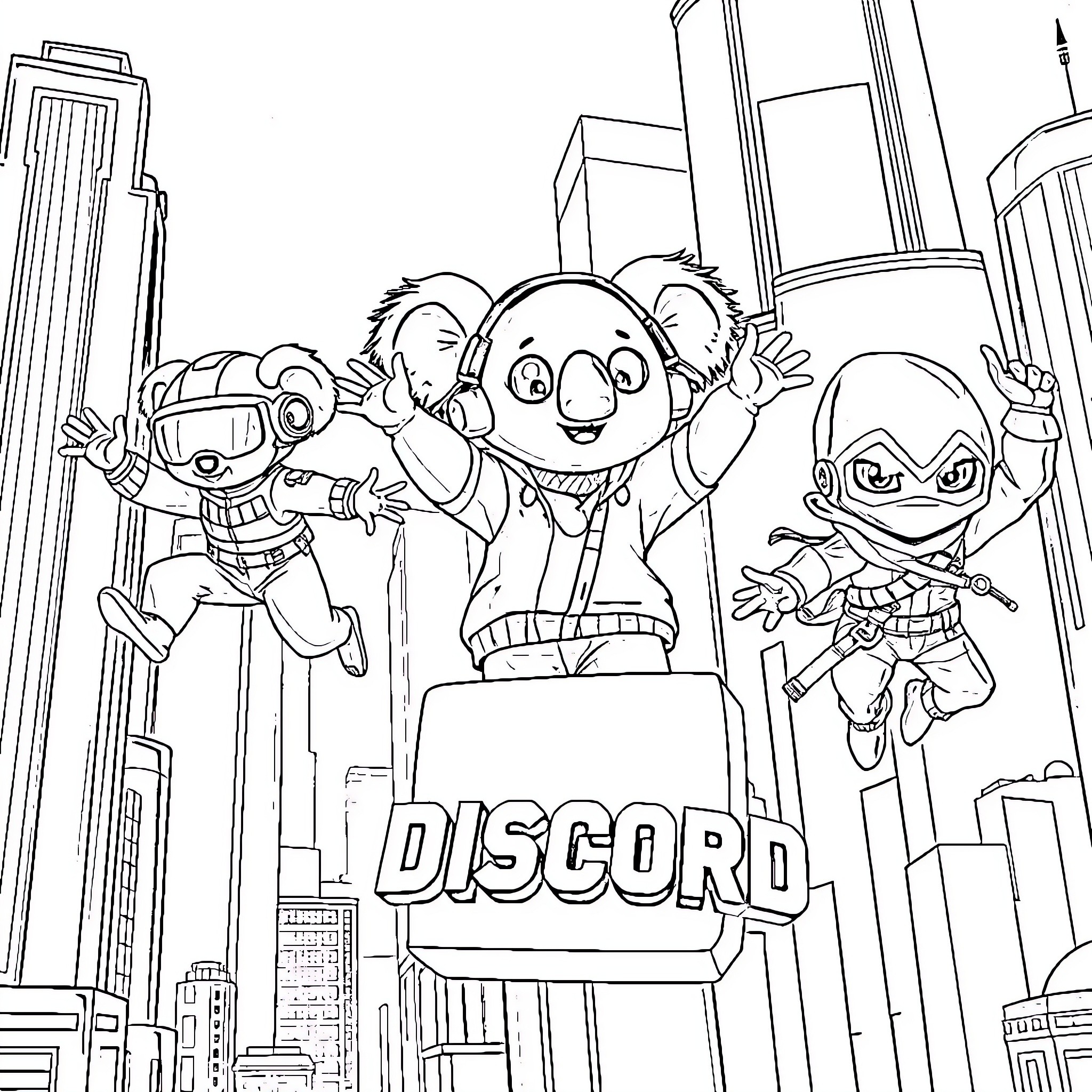 Koala characters in a futuristic city Coloring Page (free black-and-white line drawing printable PDF for all, from beginners to advanced learners, including children, teens, adults, and seniors)