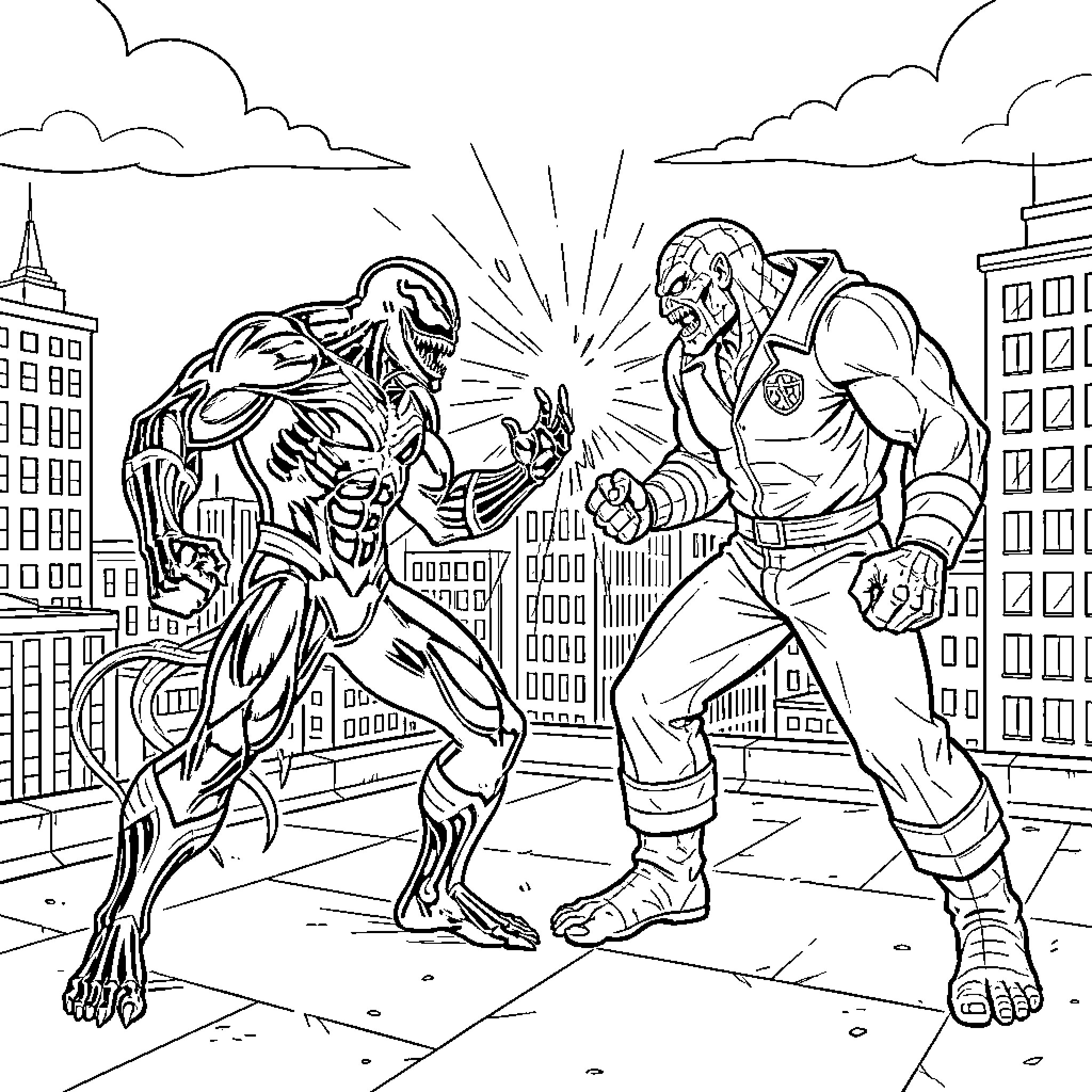 Venom facing off against a muscular opponent in a city Coloring Page (free black-and-white line drawing printable PDF for all, from beginners to advanced learners, including children, teens, adults, and seniors)