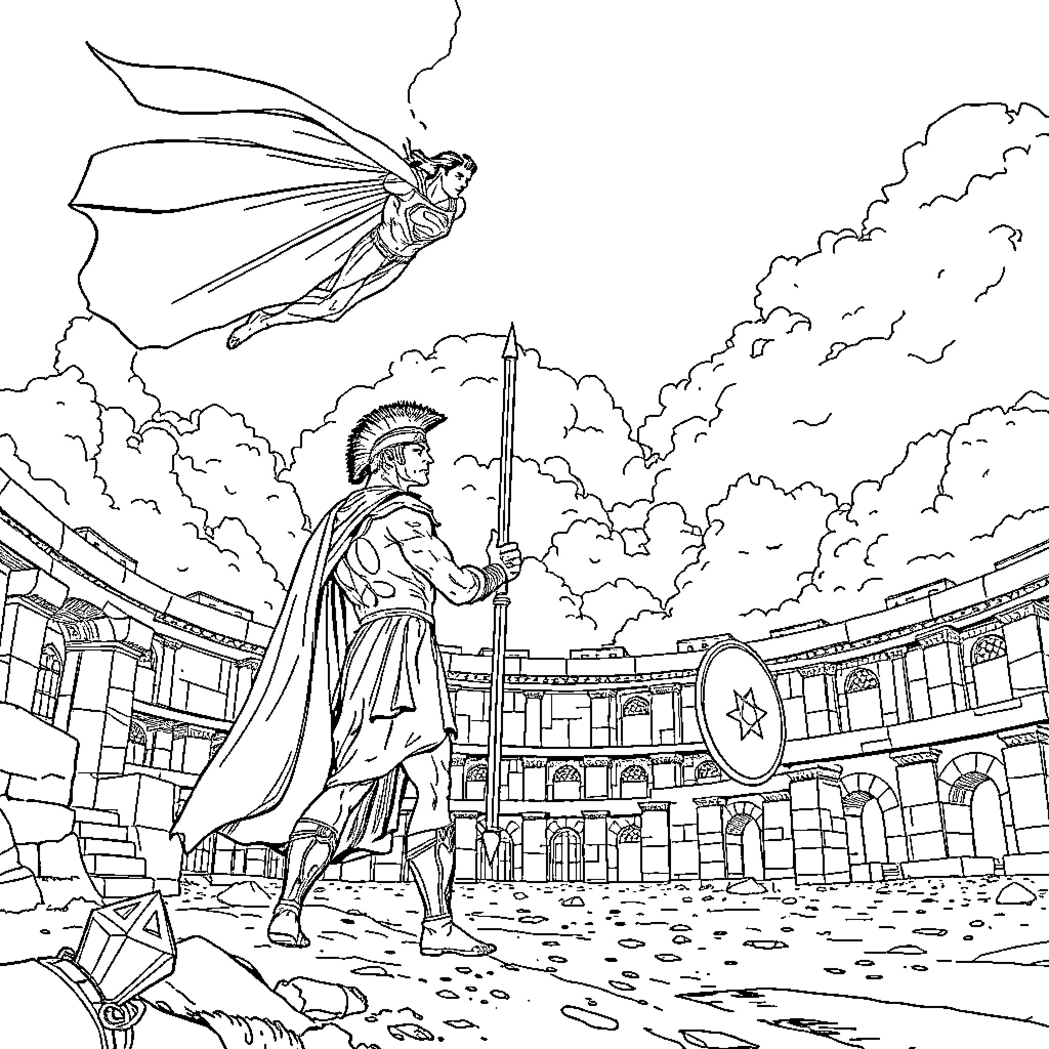 Superman soaring through clouds over ancient Roman colosseum Coloring Page (free black-and-white line drawing printable PDF for all, from beginners to advanced learners, including children, teens, adults, and seniors)