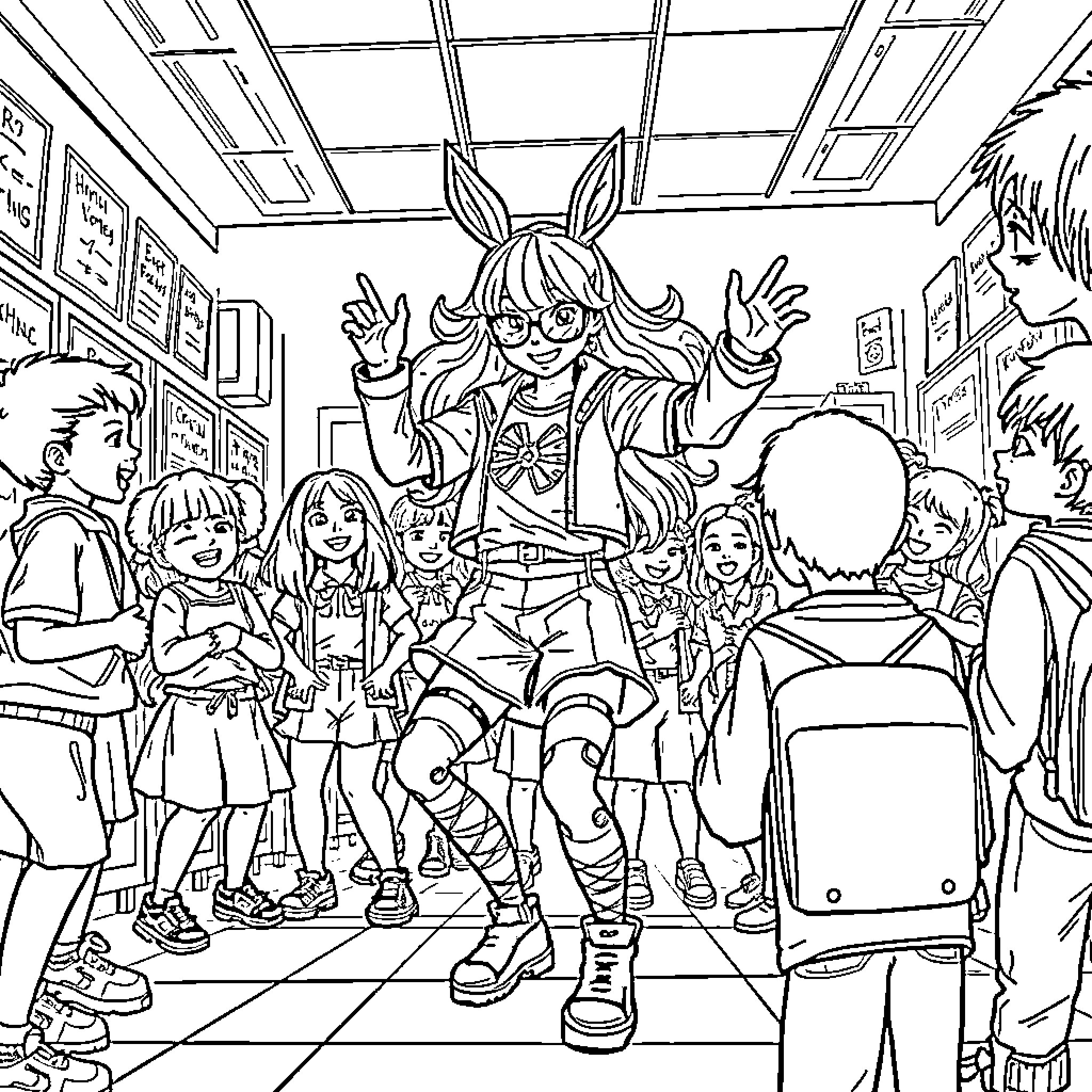 Huntrix's Lively Classroom Adventure Coloring Page (free black-and-white line drawing printable PDF for all, from beginners to advanced learners, including children, teens, adults, and seniors)