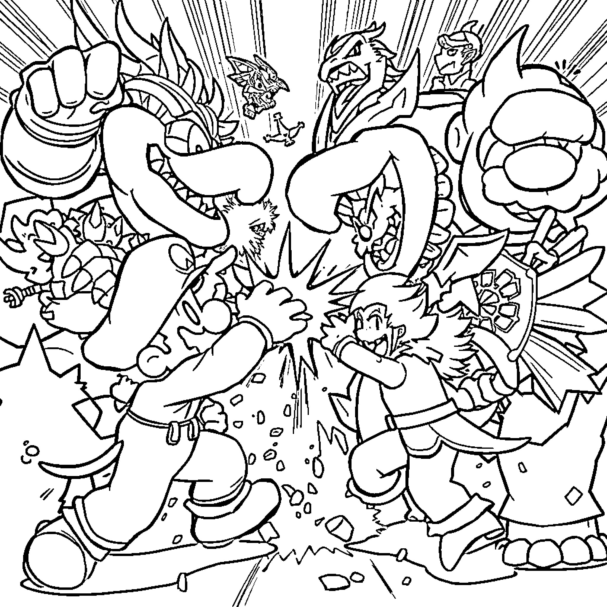 Super Smash Bros: Chaotic Battle Between Iconic Characters Coloring Page (free black-and-white line drawing printable PDF for all, from beginners to advanced learners, including children, teens, adults, and seniors)
