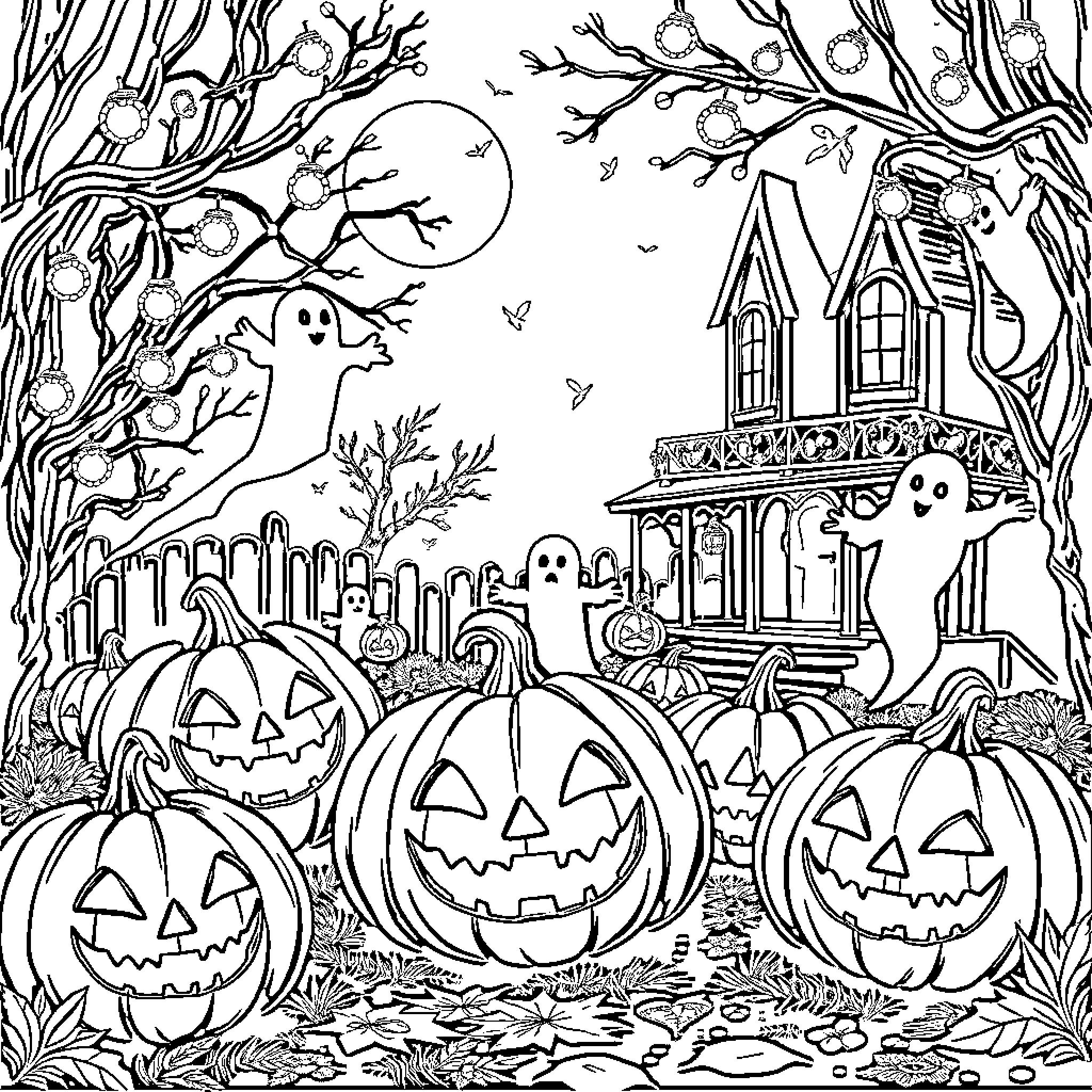 Halloween haunted house and ghostly pumpkins in the forest Coloring Page (free black-and-white line drawing printable PDF for all, from beginners to advanced learners, including children, teens, adults, and seniors)