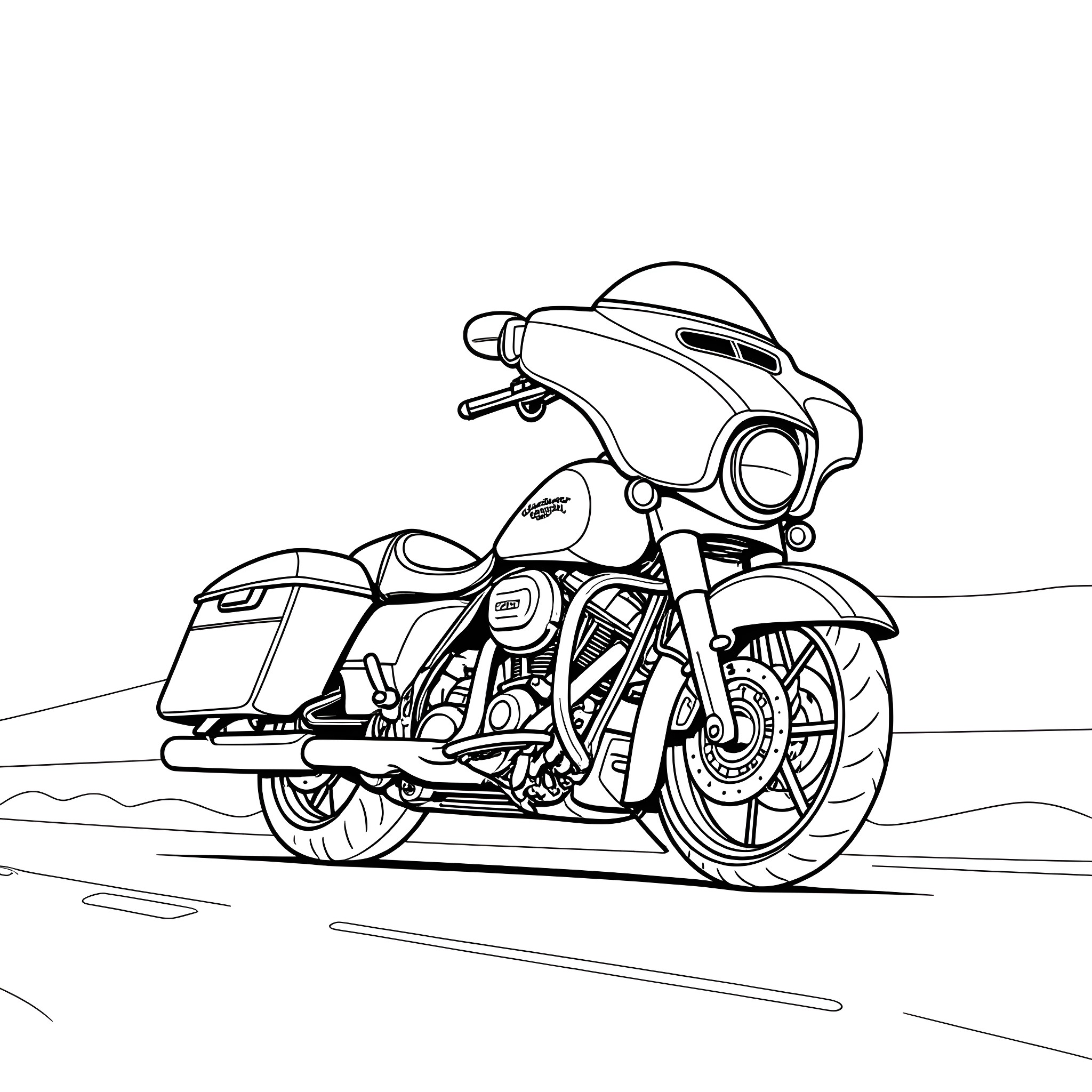 Motorcycle in motion on the road Coloring Page (free black-and-white line drawing printable PDF for all, from beginners to advanced learners, including children, teens, adults, and seniors)