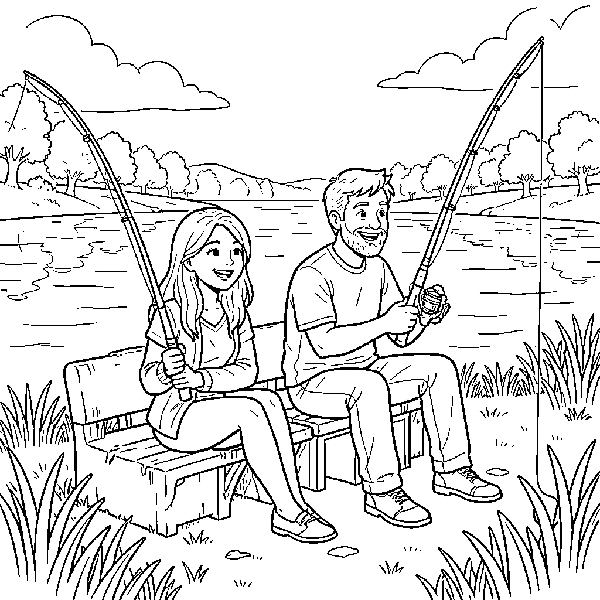 Jennifer and a man fishing by a lake Coloring Page (free black-and-white line drawing printable PDF for all, from beginners to advanced learners, including children, teens, adults, and seniors)