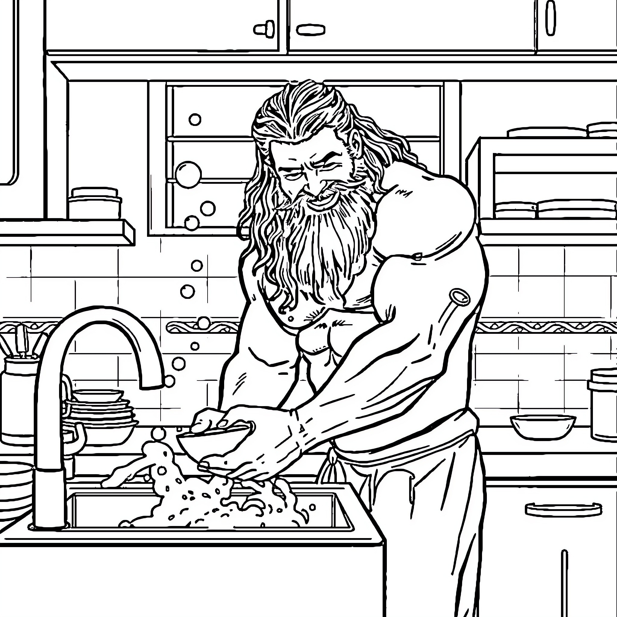 Jason Momoa cooking in a kitchen Coloring Page (free black-and-white line drawing printable PDF for all, from beginners to advanced learners, including children, teens, adults, and seniors)