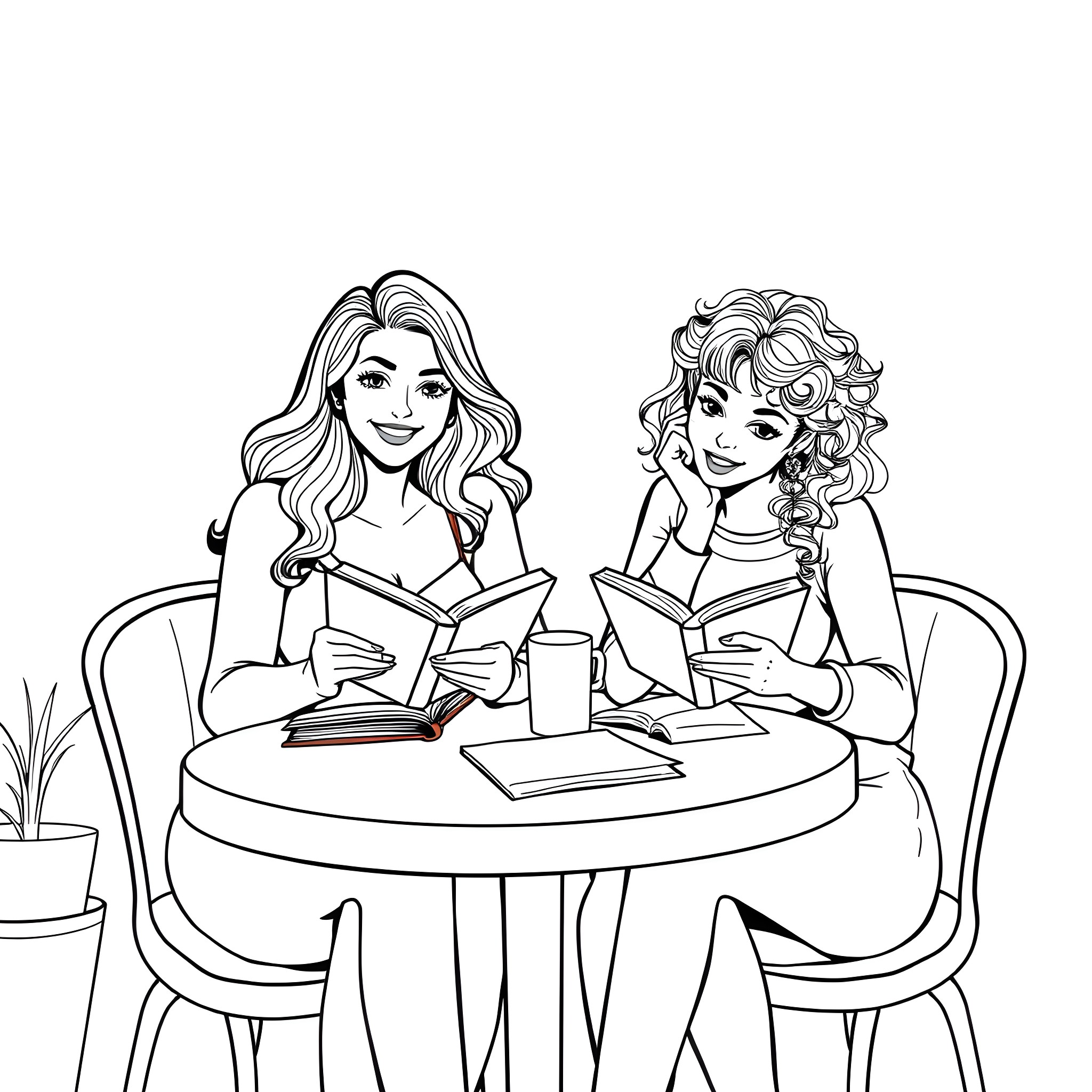 Women studying and reading together at cafe Coloring Page (free black-and-white line drawing printable PDF for all, from beginners to advanced learners, including children, teens, adults, and seniors)