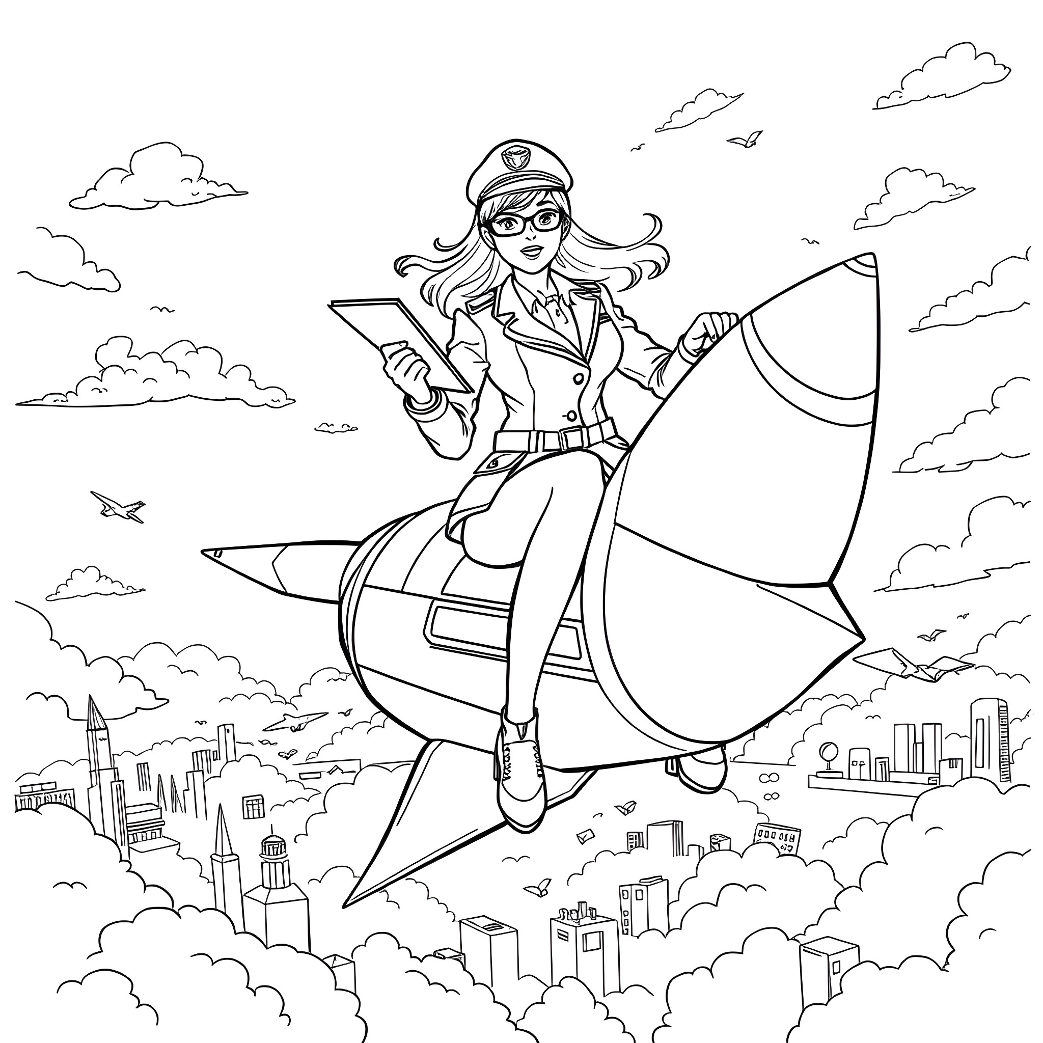 Female Postman Flying on Rocket Delivery Coloring Page (free black-and-white line drawing printable PDF for all, from beginners to advanced learners, including children, teens, adults, and seniors)