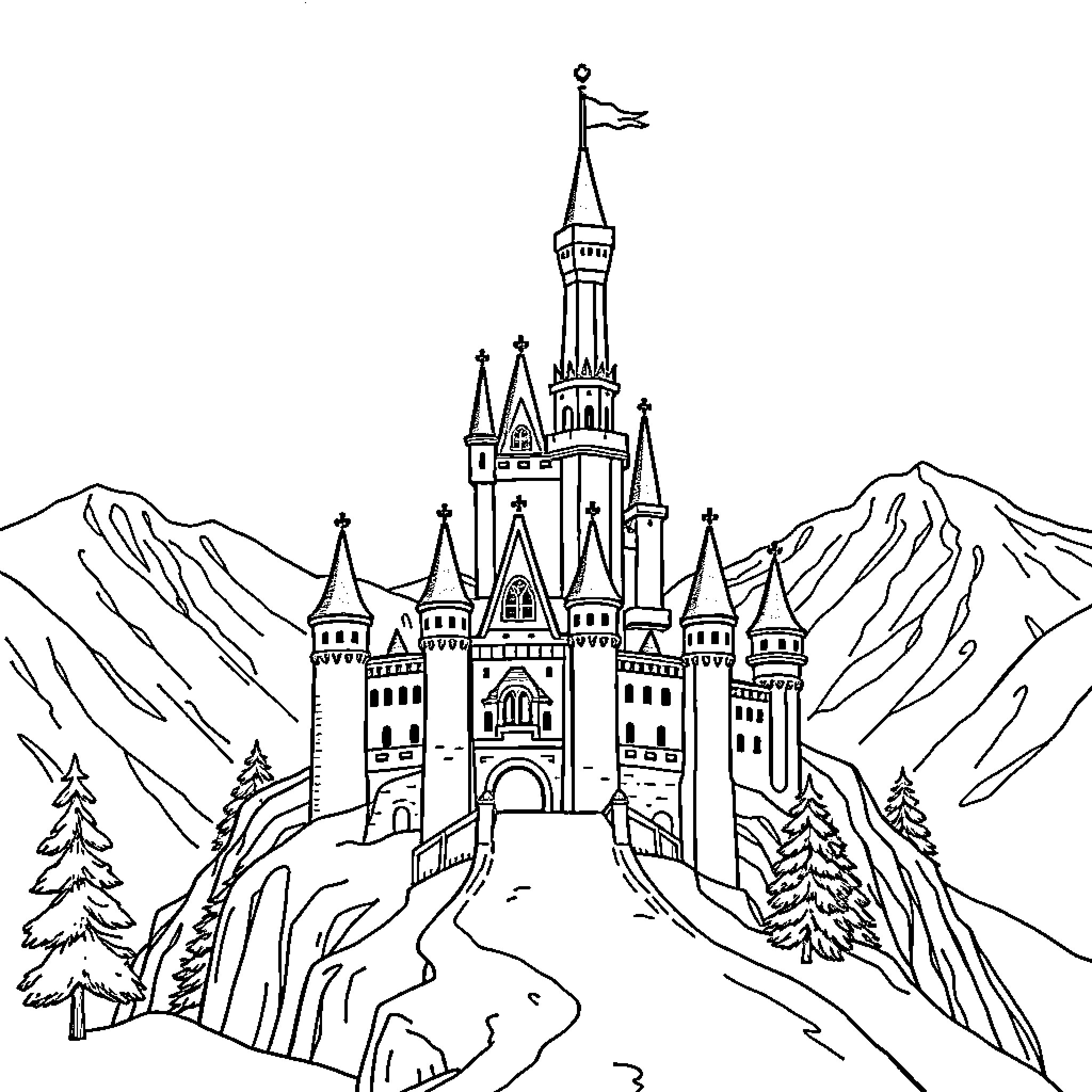 Castle Perched on a Mountainous Landscape Coloring Page (free black-and-white line drawing printable PDF for all, from beginners to advanced learners, including children, teens, adults, and seniors)